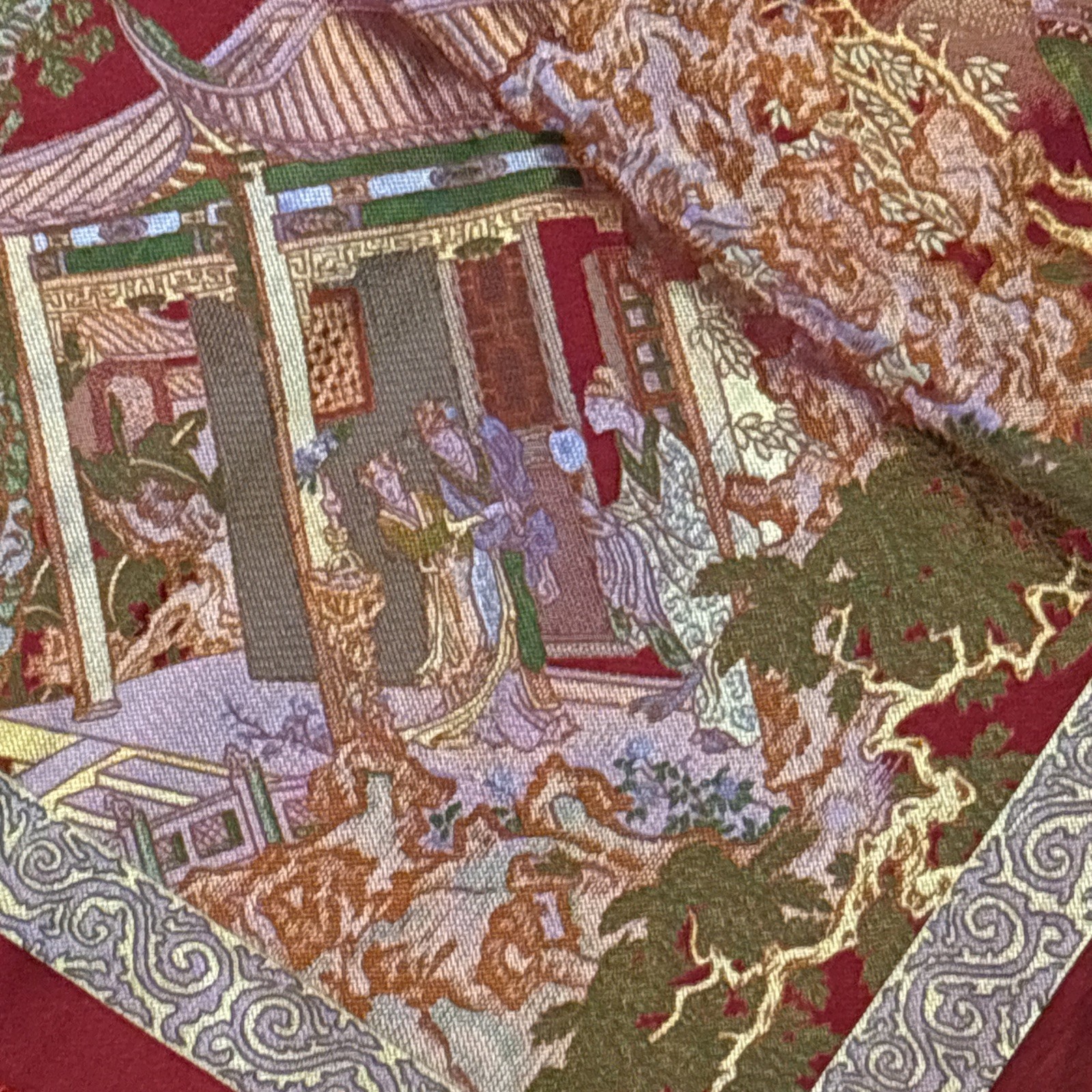Vintage Chinese Silk Brocade Tablecloth fringe Tapestry Embroidery 38” x 37”