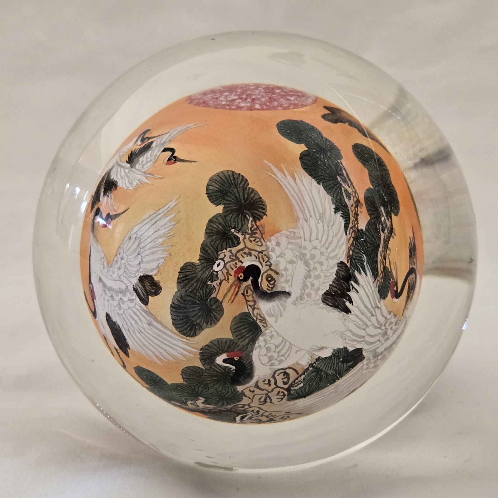 Cranes Art Glass Reverse Handpainted Sphere Ball 3″ Diameter Unbranded Vintage
