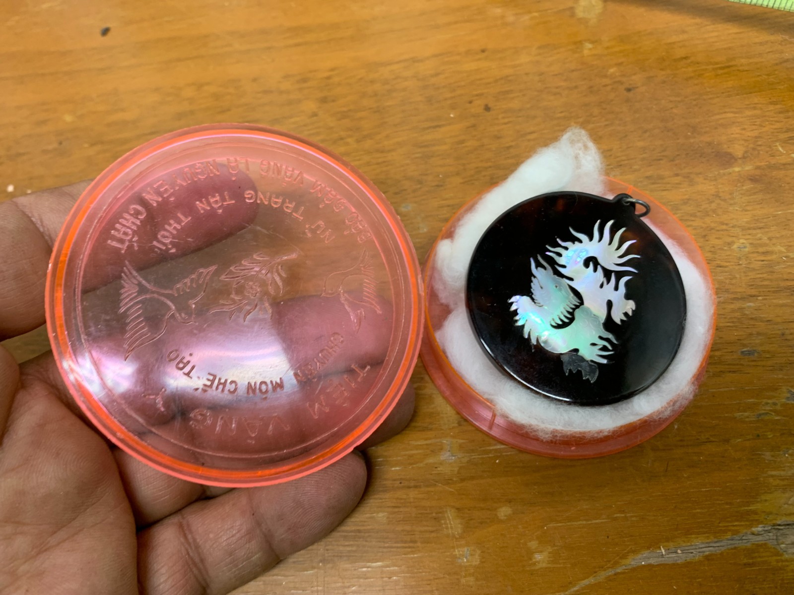 Good Luck Blessing Chinese Charm Mother Of Pearl & Lucite ? Dragon Round Pendant
