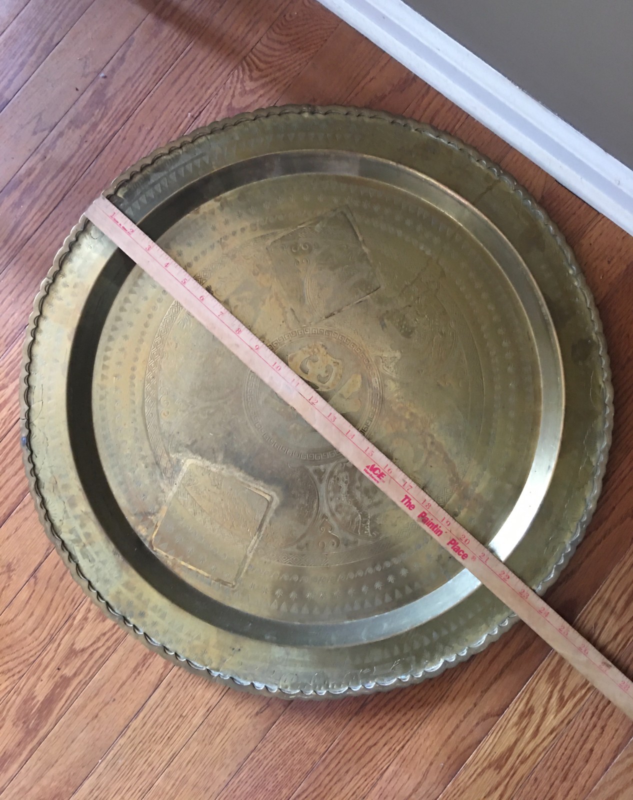 2 Vintage Chinese Heavy Tooled Motif Round Brass Tray 24″ w/ Raised Riveted edge