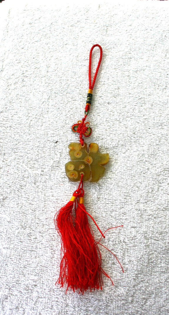 Chinese Red Knot Carved Stone Good Luck Tassle hanging ornament decor 11″
