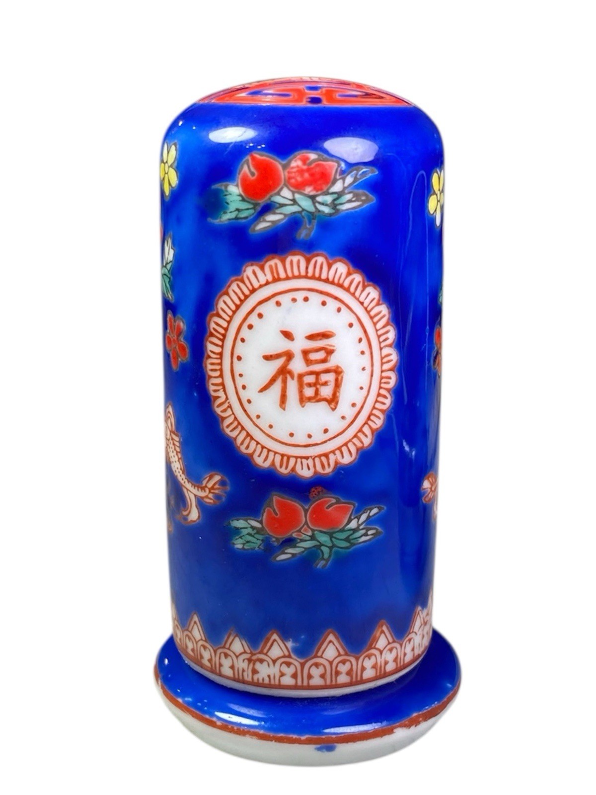 Vintage Chinese Blue & White Porcelain Toothpick Holder – Peonies & Fish – 3.5”