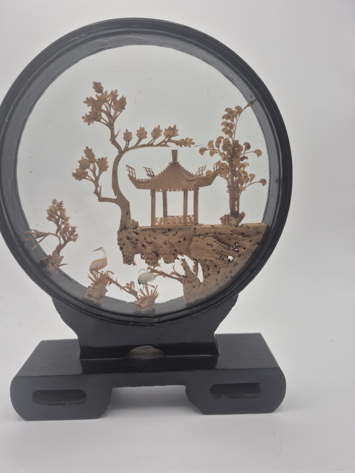 VTG Chinese Hand Carved Cork Diorama Shadow Box Asian Art Pagoda Cranes Trees