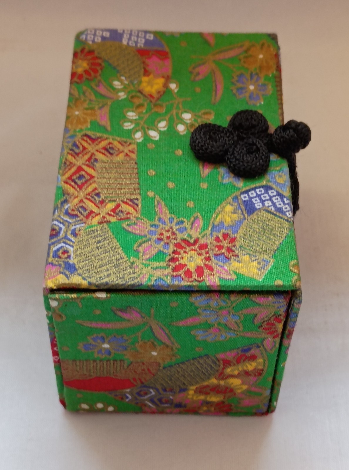 Asian Treasure or Jewelry Box Green Silk Brocade Fabric Rings Earrings Flowers