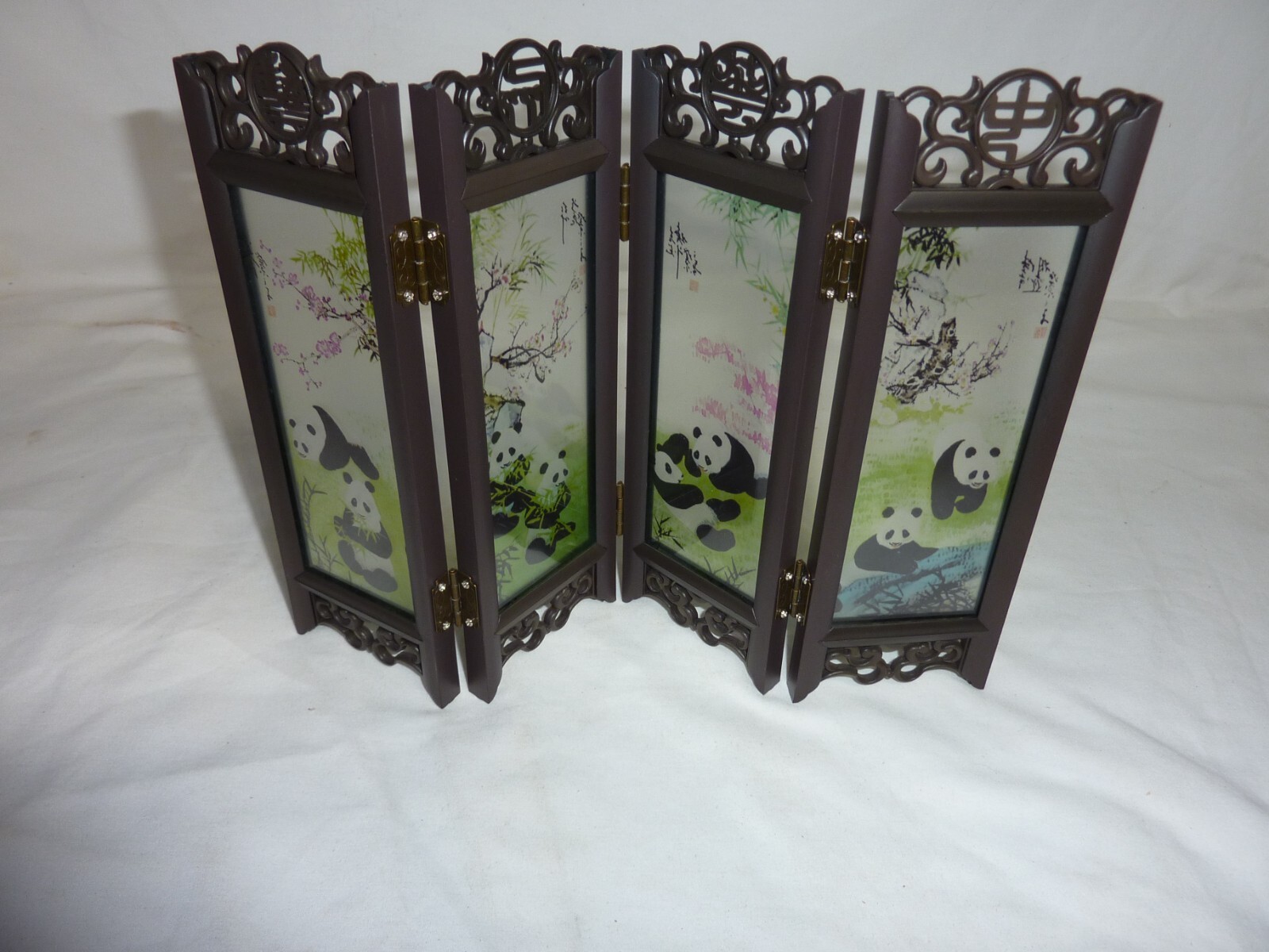VTG Chinese 4-Panel Ornate Folding Tabletop Screen Panda Pandas On Painted Glass