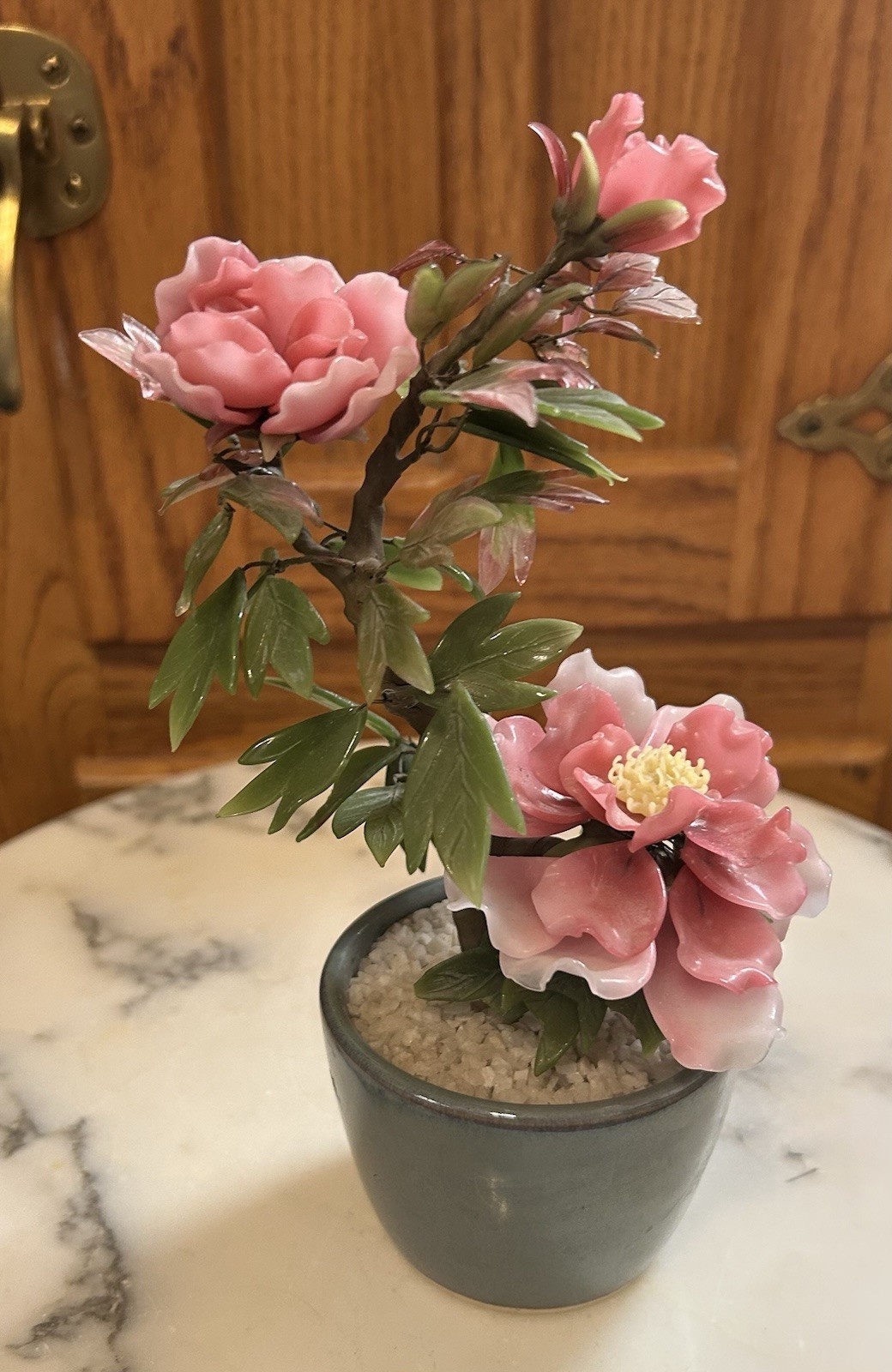 Vintage Chinese Jade Glass Leaves Pink Peony Flowers Bonsai Tree Green Celadon