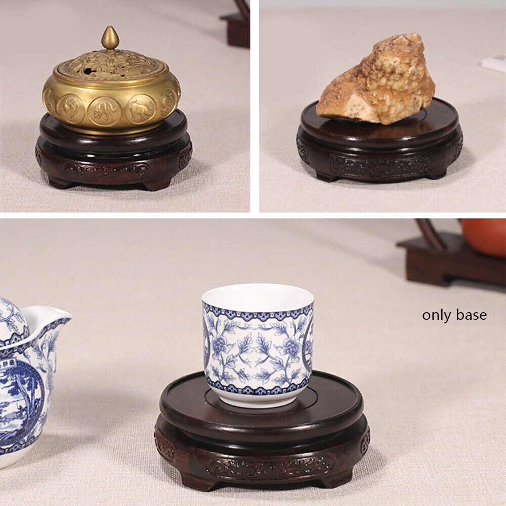 Chinese Wooden Display Stand Hand Carved Round Pedestal Bonsai Teapot Vase Base