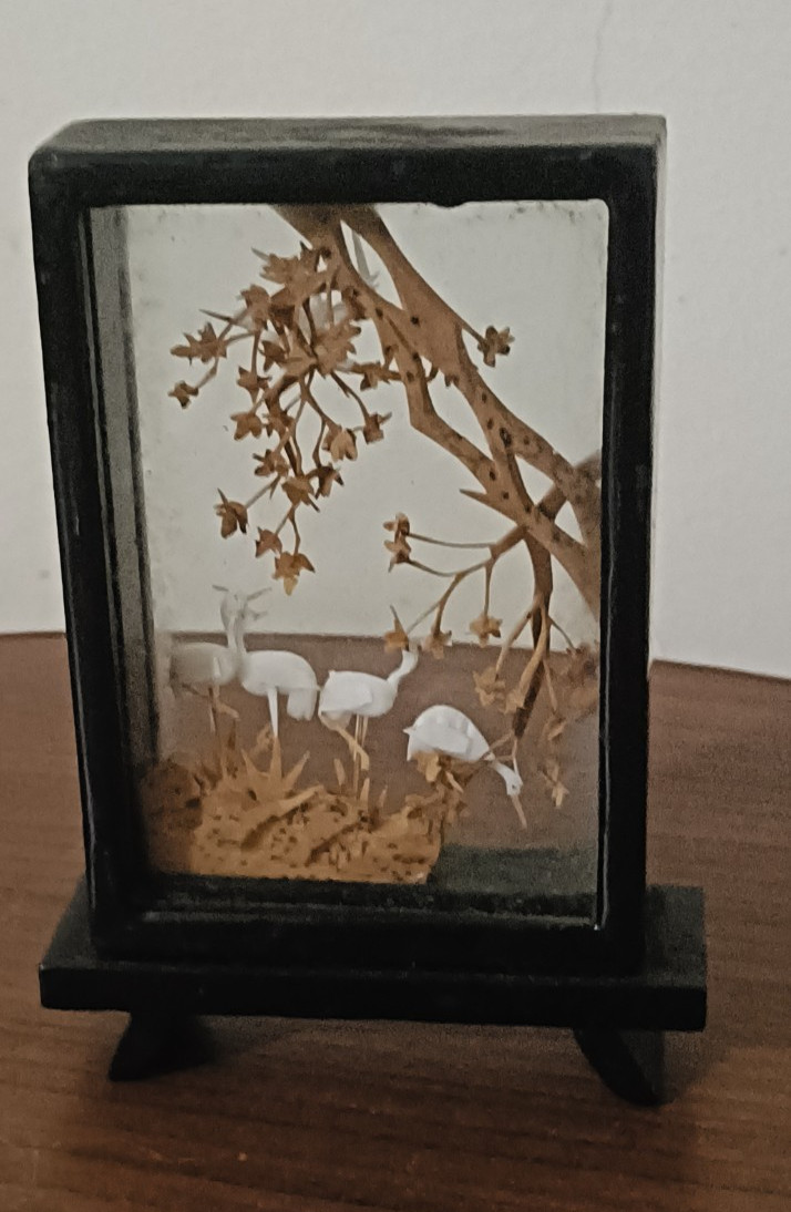 Vintage small Chinese cork carving diorama cranes black lacquered wooden stand