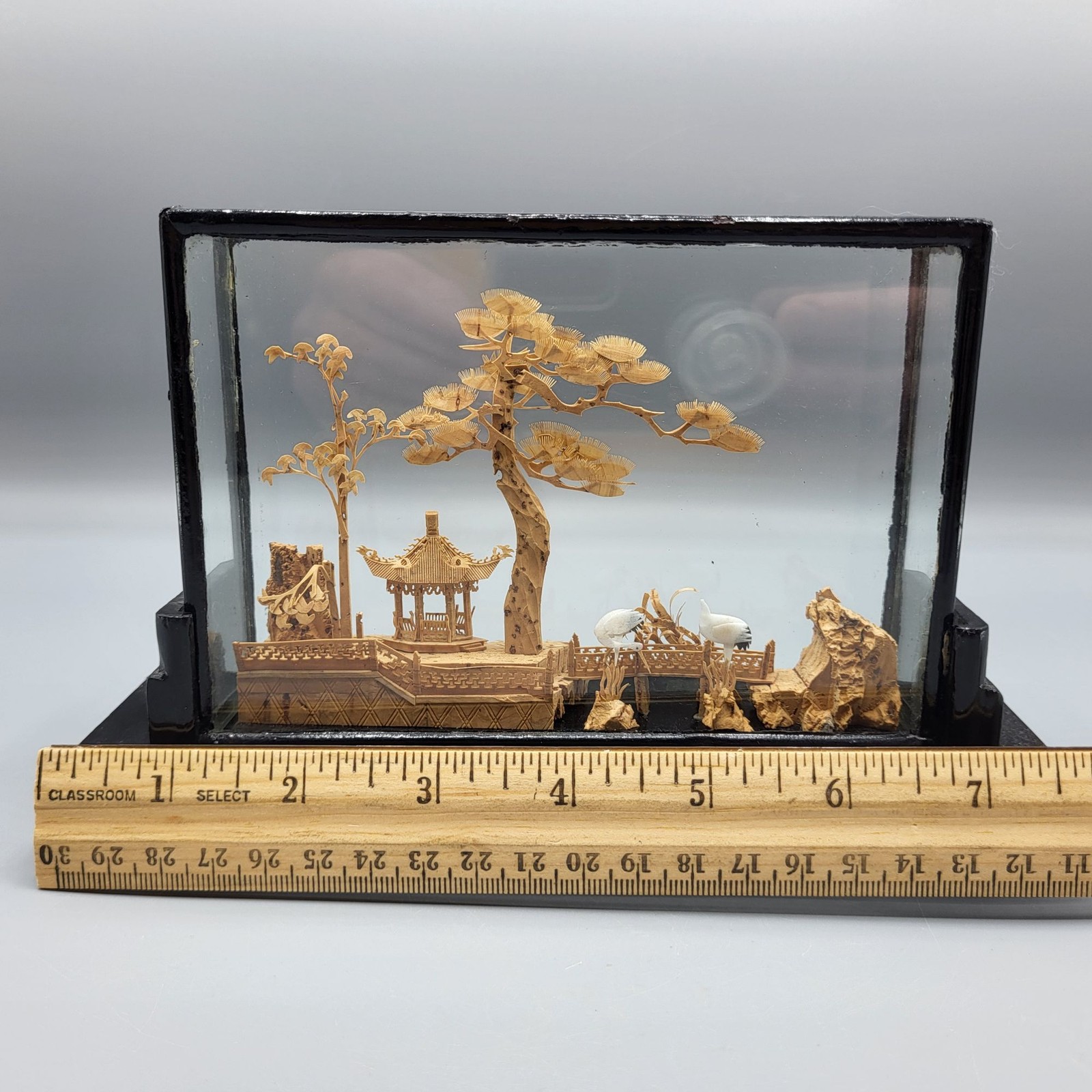 Vtg Chinese Hand Carved Cork Diorama Cranes Black Lacquer Art Stand 5″ x 7.75″