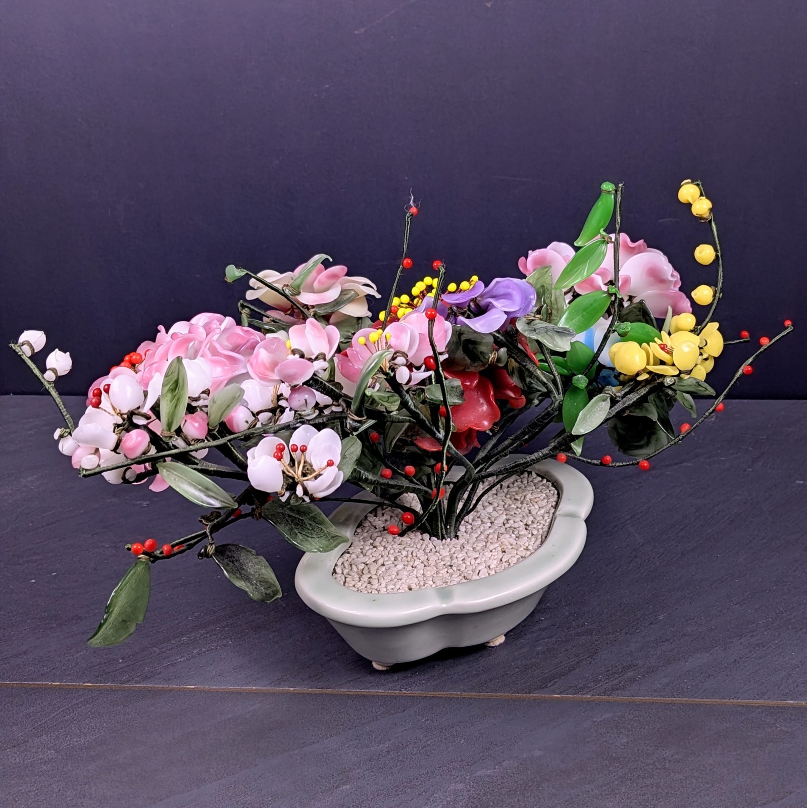 Vintage Jade Style Glass Flower Arrangement Asian Bonsai Planter Pink Red Purple