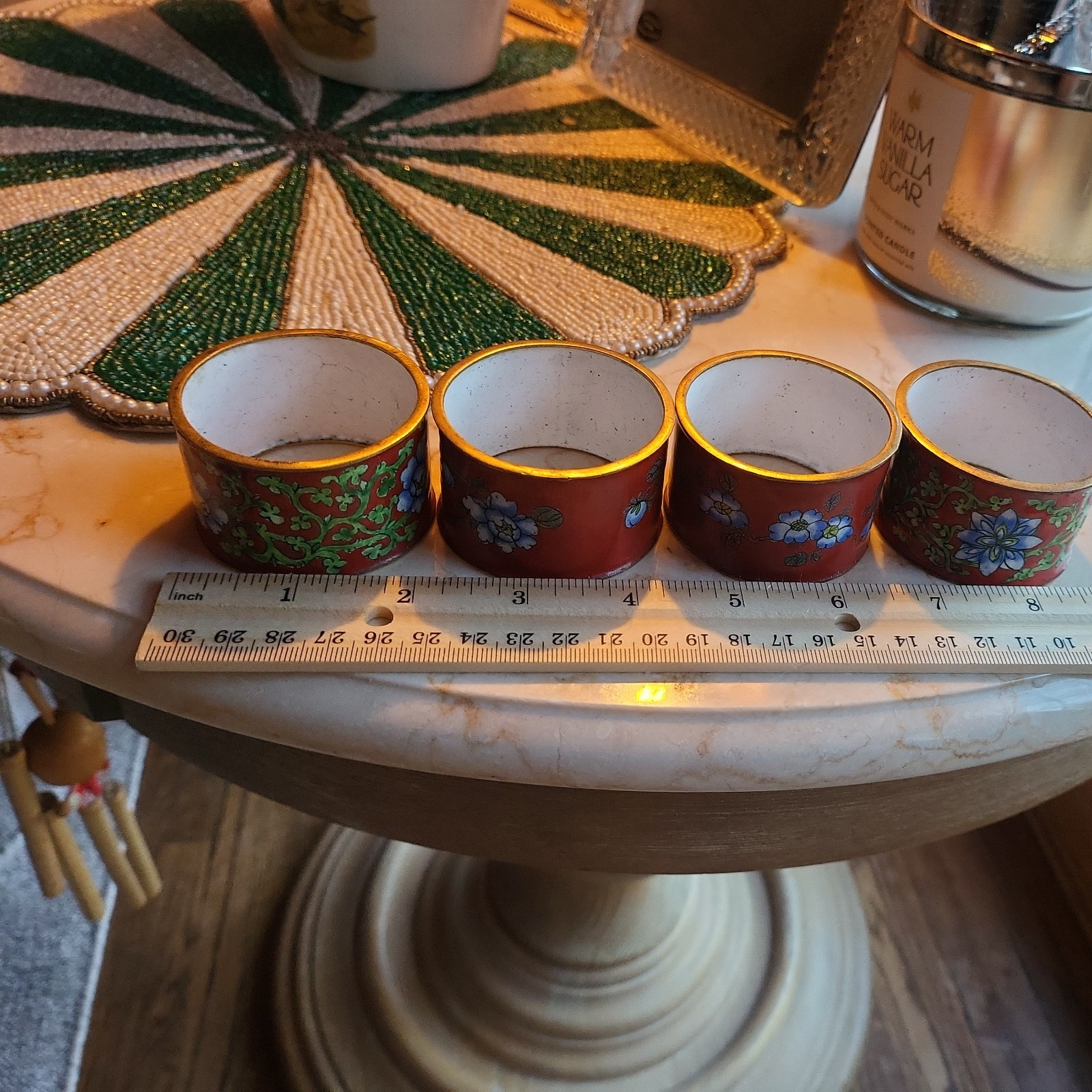 4 Vintage Cloisonné Napkin Ring Enamel red asian Floral Design Unique Multicolor