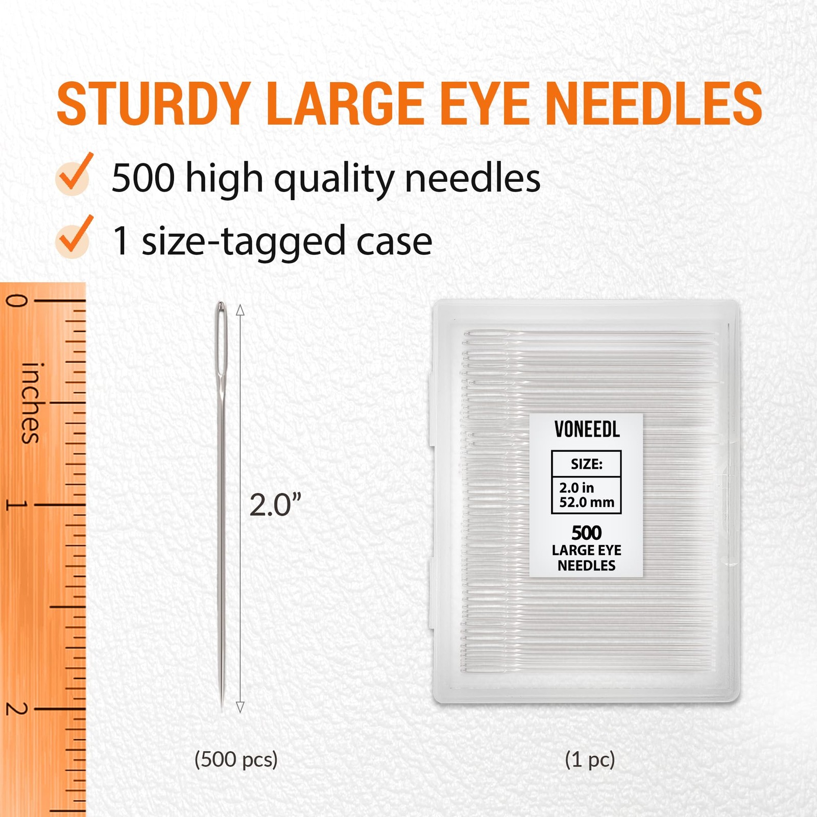 VONEEDL 500 PCS Large Eye Heavy Duty Sewing Needles – Bulk Set 500pcs, Silver