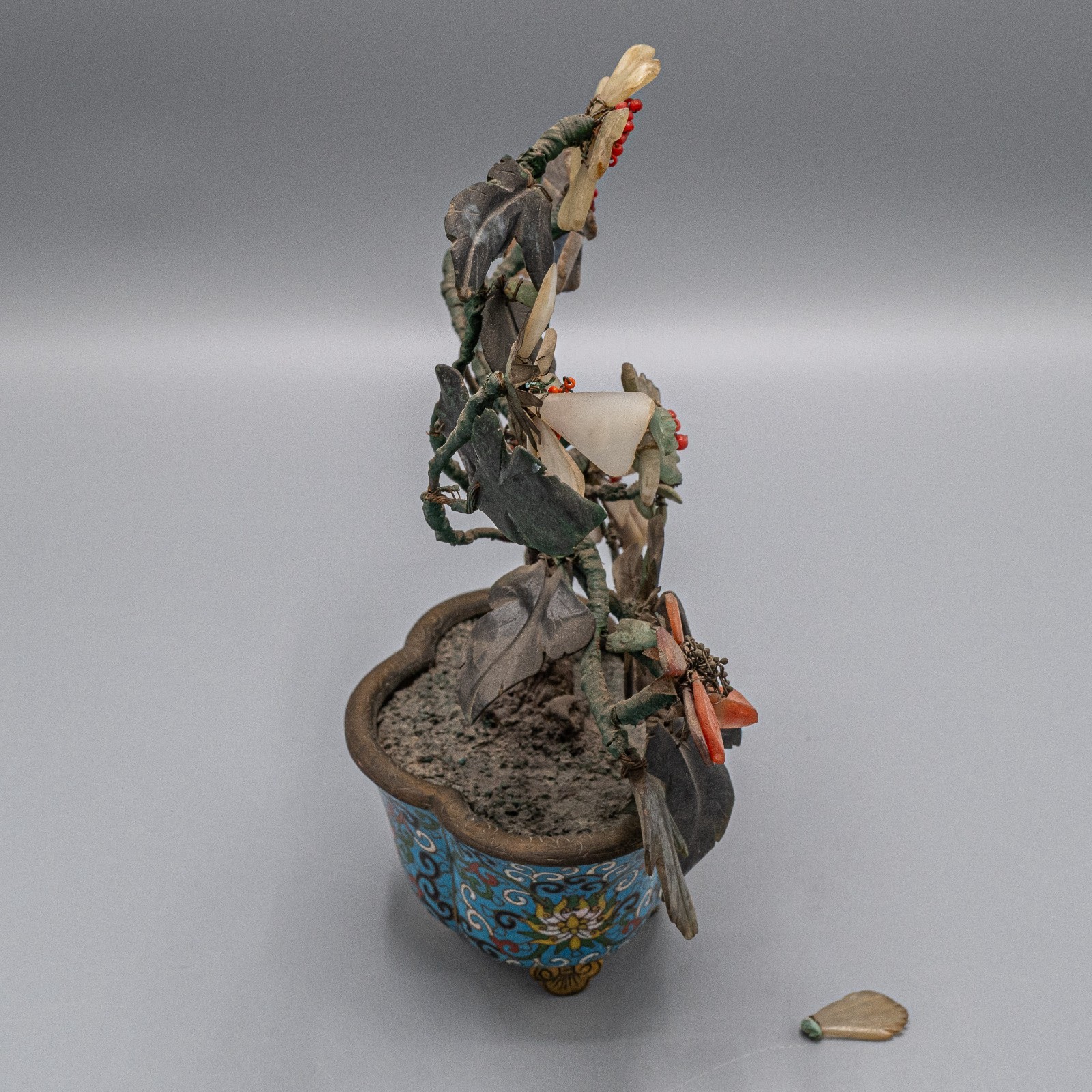 Chinese Jade Hard Stone Tree in Cloisonne Pot 8 1/2″ Vintage/Antique – READ #B