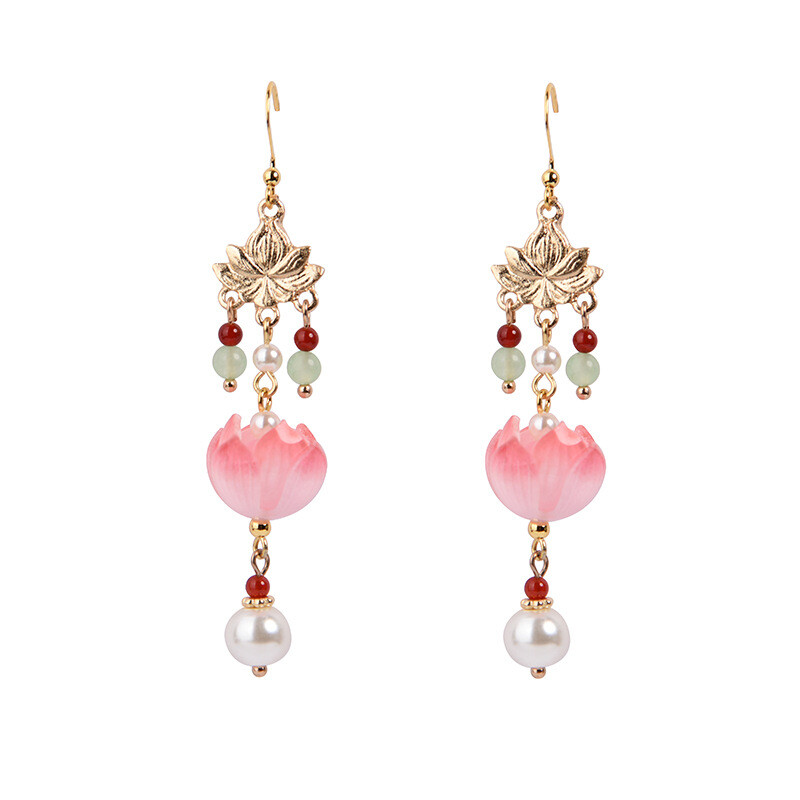 China Agate/Coloured Glaze/Pearl Lotus Flower Tibetan Style Earbob Earrings