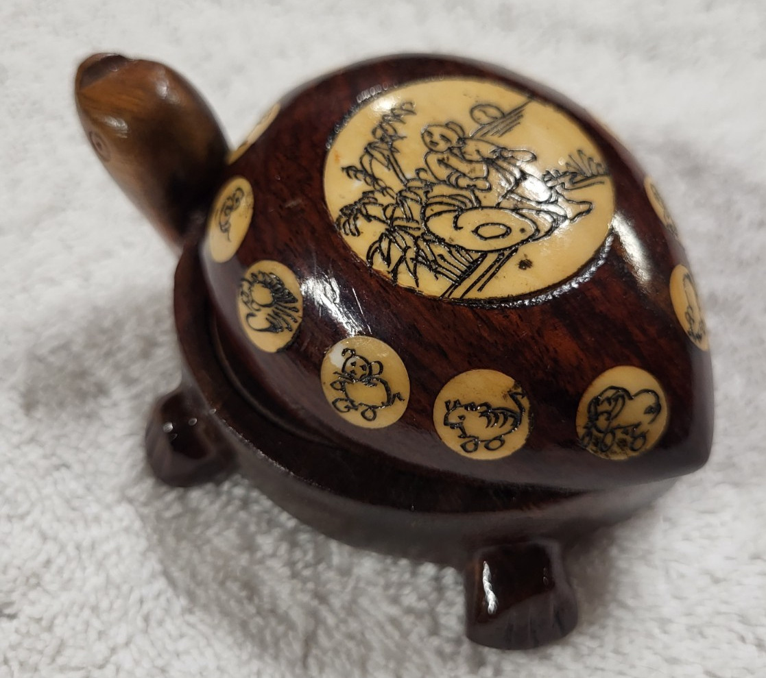 Vintage Carved Wood Turtle with Inlaid Chinese Zodiac Signs Opens to Compass