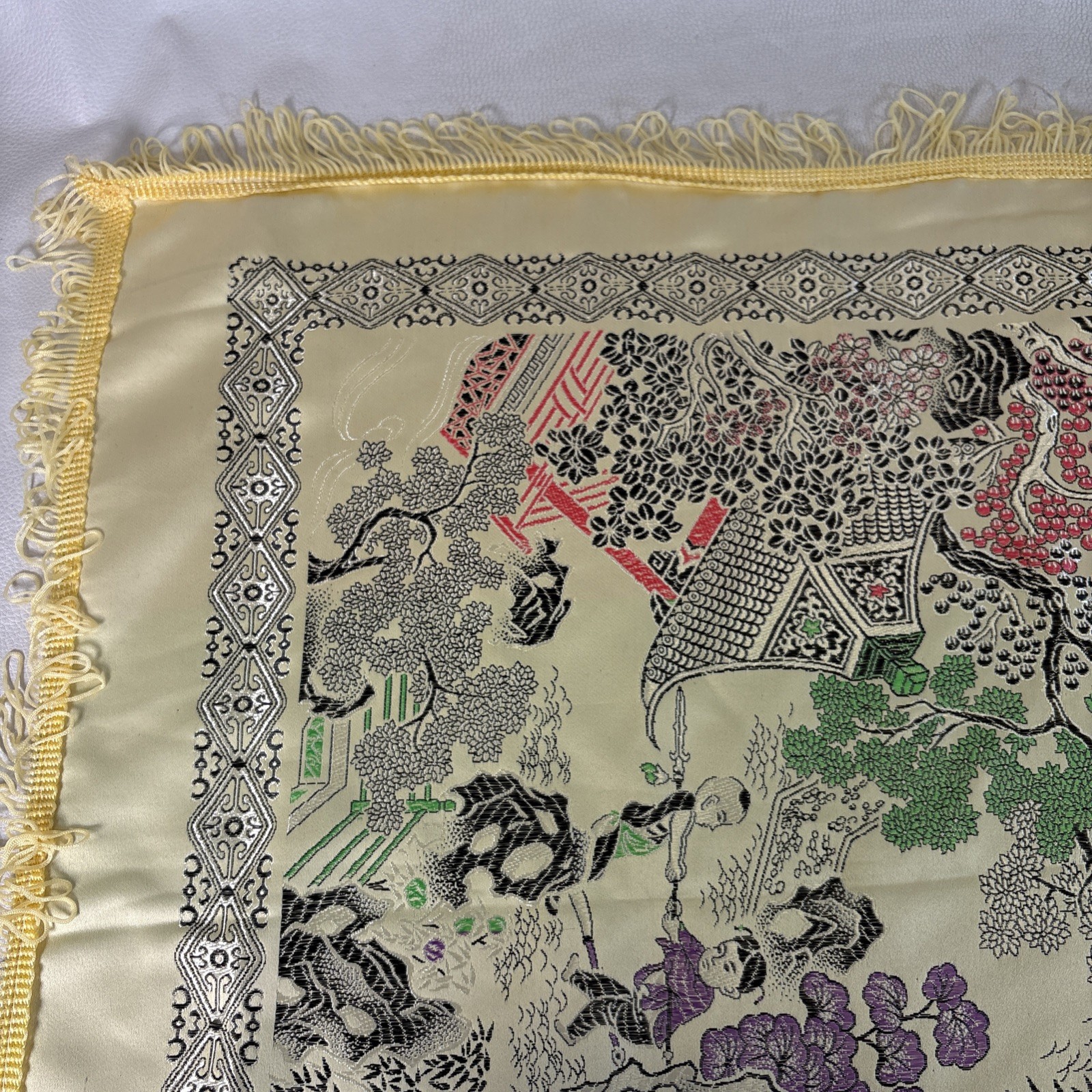 Vtg Brocaded Flowers Chinese Silk Scenic Square Tapestry Table Cloth 46″ X 48″