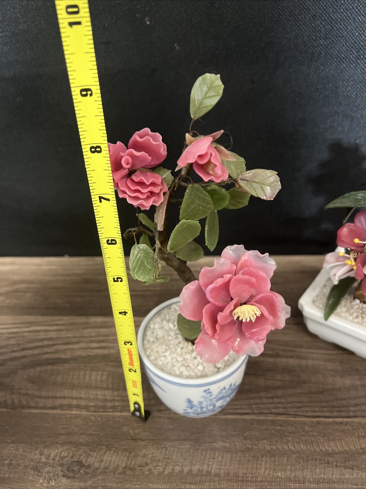 VTG (2) Chinese Lucky Jade Jadeite Stone Carved Pink Flowering Potted Plant Tree
