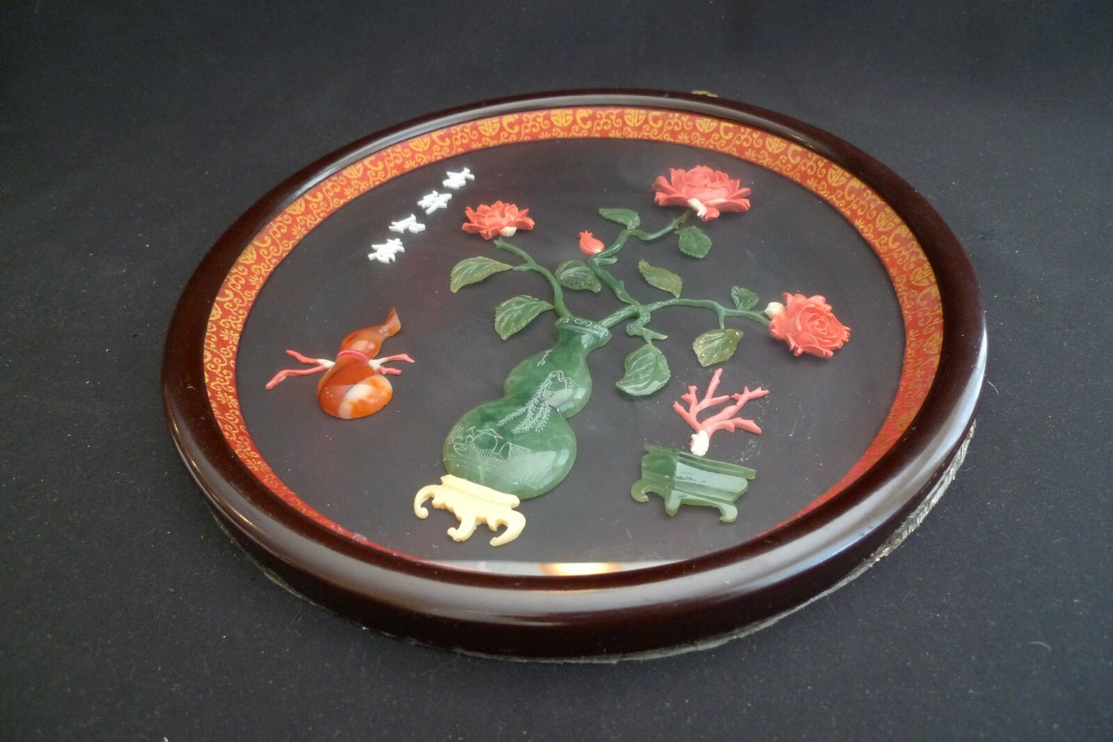 VINTAGE CARVED ROSE MULTI COLORED JADE WALL HANGING ROUND ART UNDER GLASS BRASS