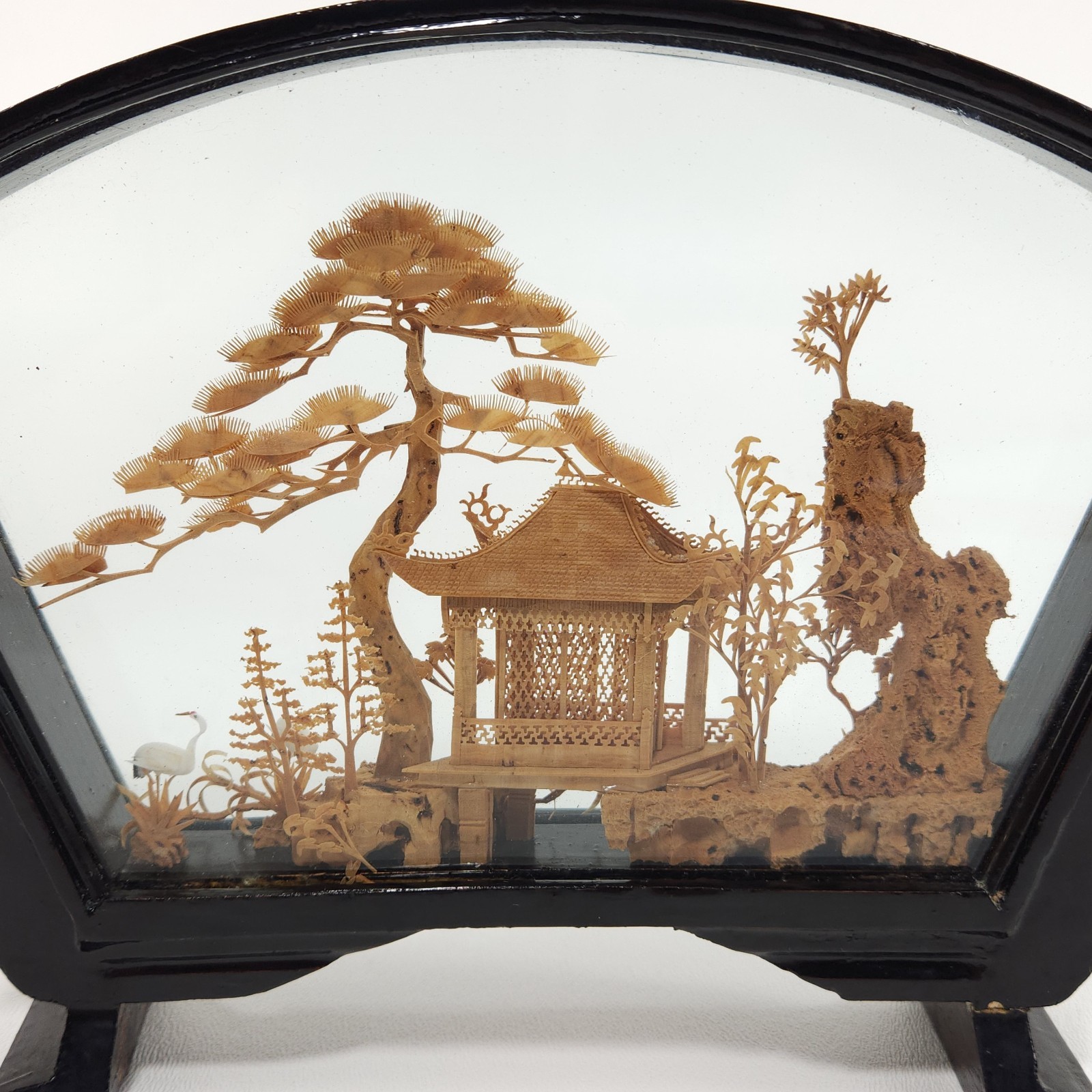 Vintage Chinese Diorama Cork Carving Glass Case Pagoda Trees Cranes