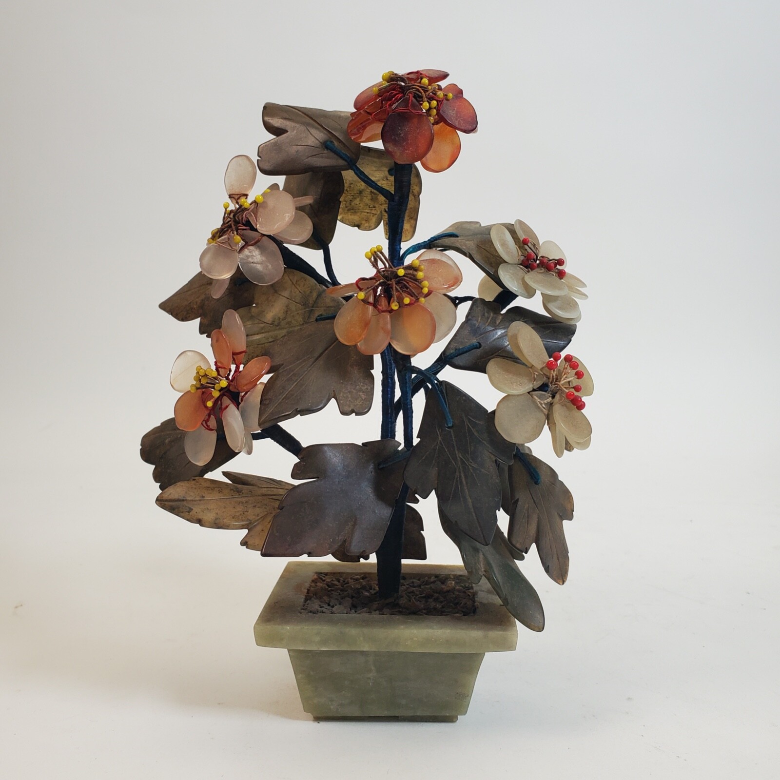 Vintage 1950s Chinese/Japanese Jade Agate Bonzai Flowering Tree