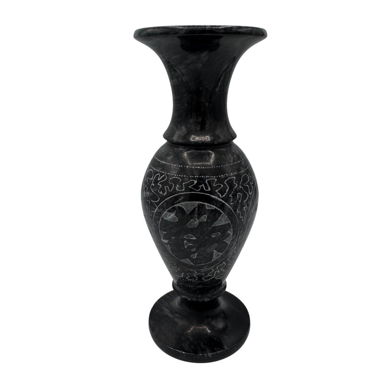 Hand-Carved Asian Black Stone Vase – 8” Tibetan or Chinese Style