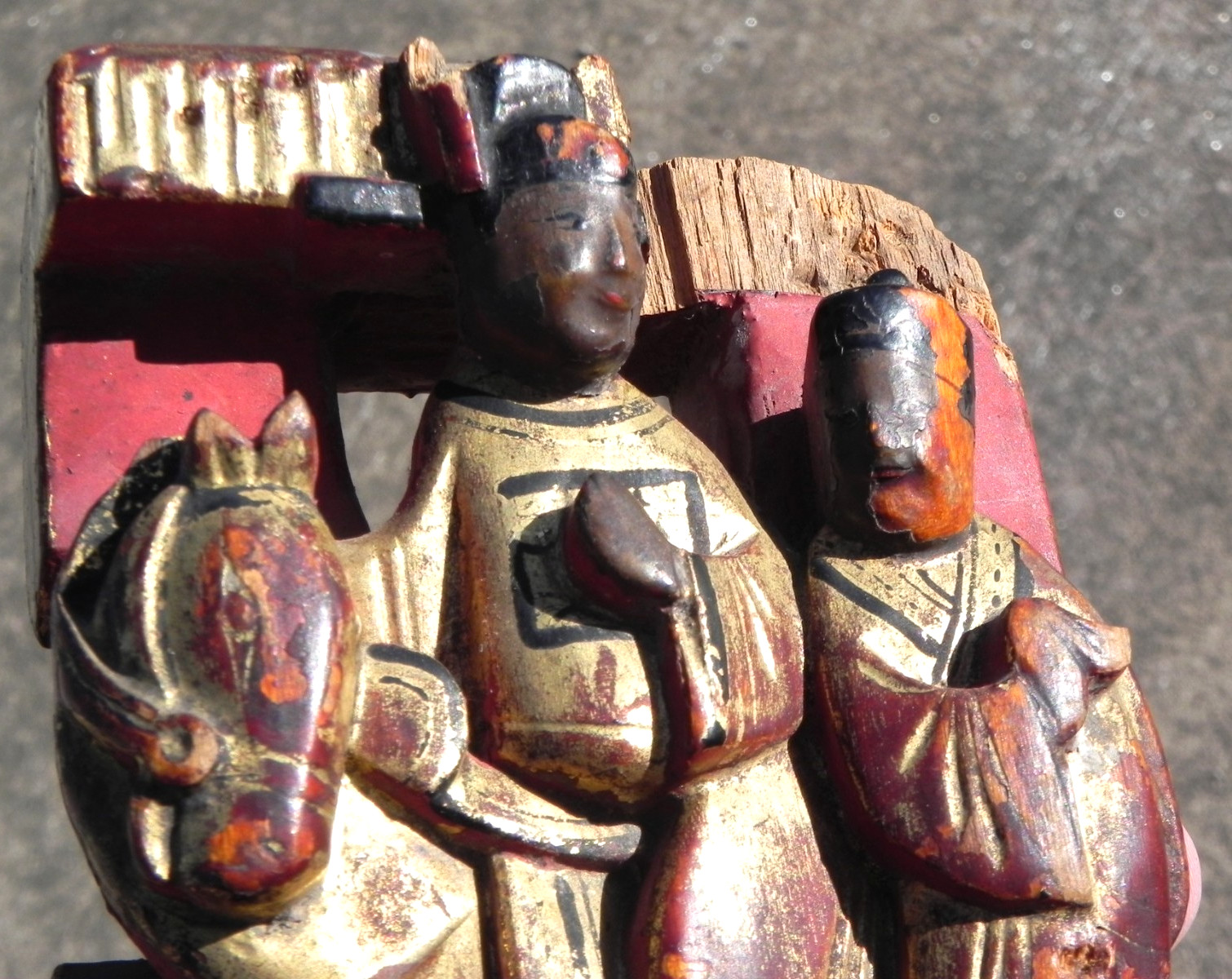 Antique Chinese painted wood carving figures and horse gold and red paint