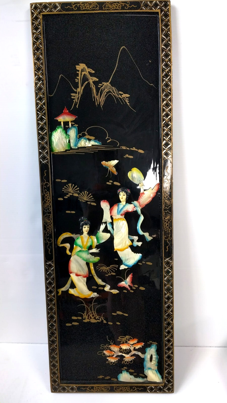 Set of 4pcs vintage Asian Black Lacquer Mother of the Pearl wood panels 12×36