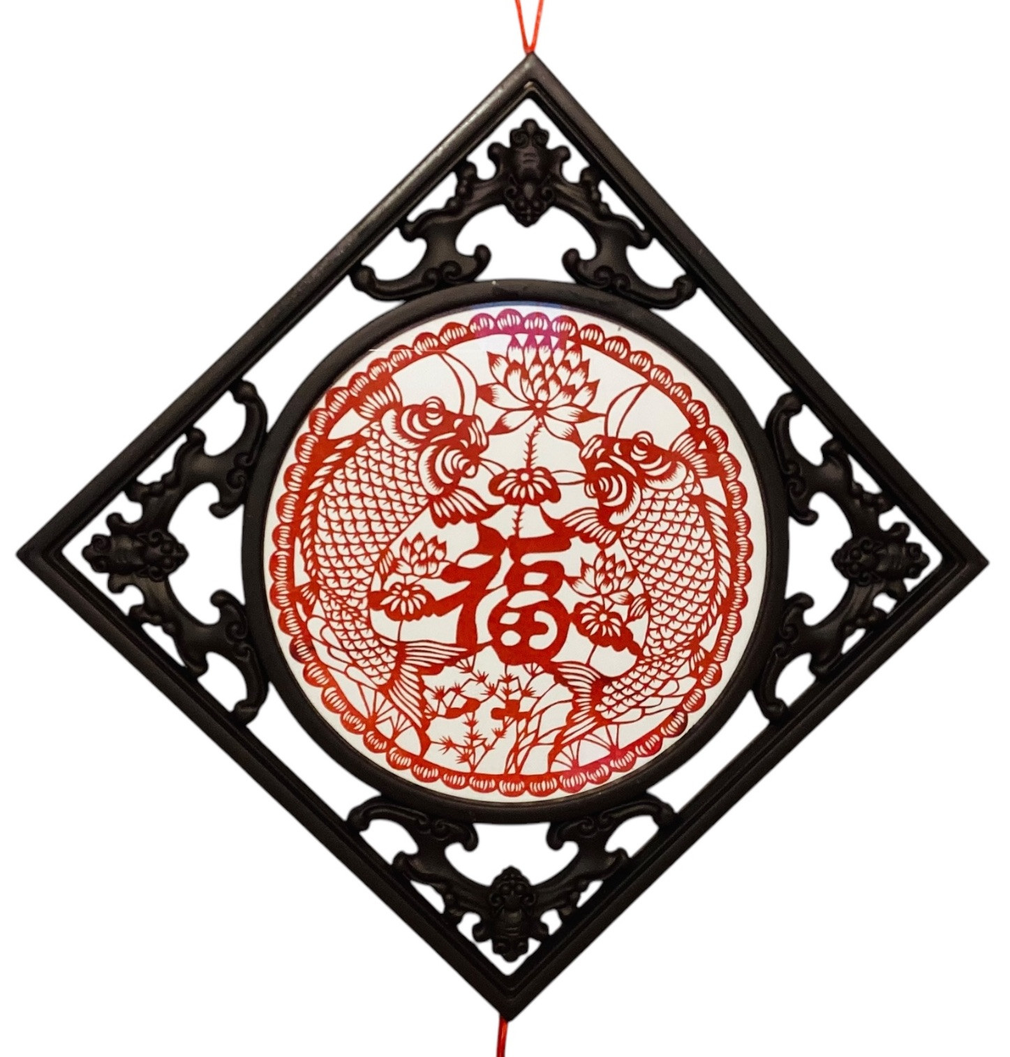 Asian Two Side Porcelain Plate Carved Brown Frame Red Tassel Wall Decor 32in