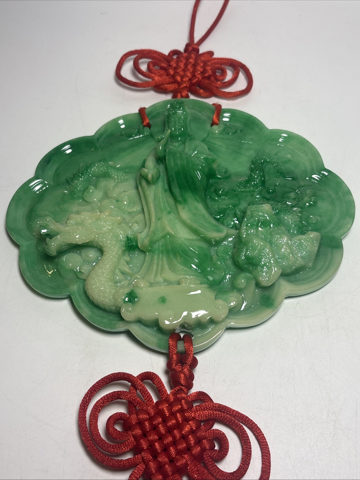 Faux Jade Goddess God Dragon Wall Hanging Green Resin Red Tassel Decor