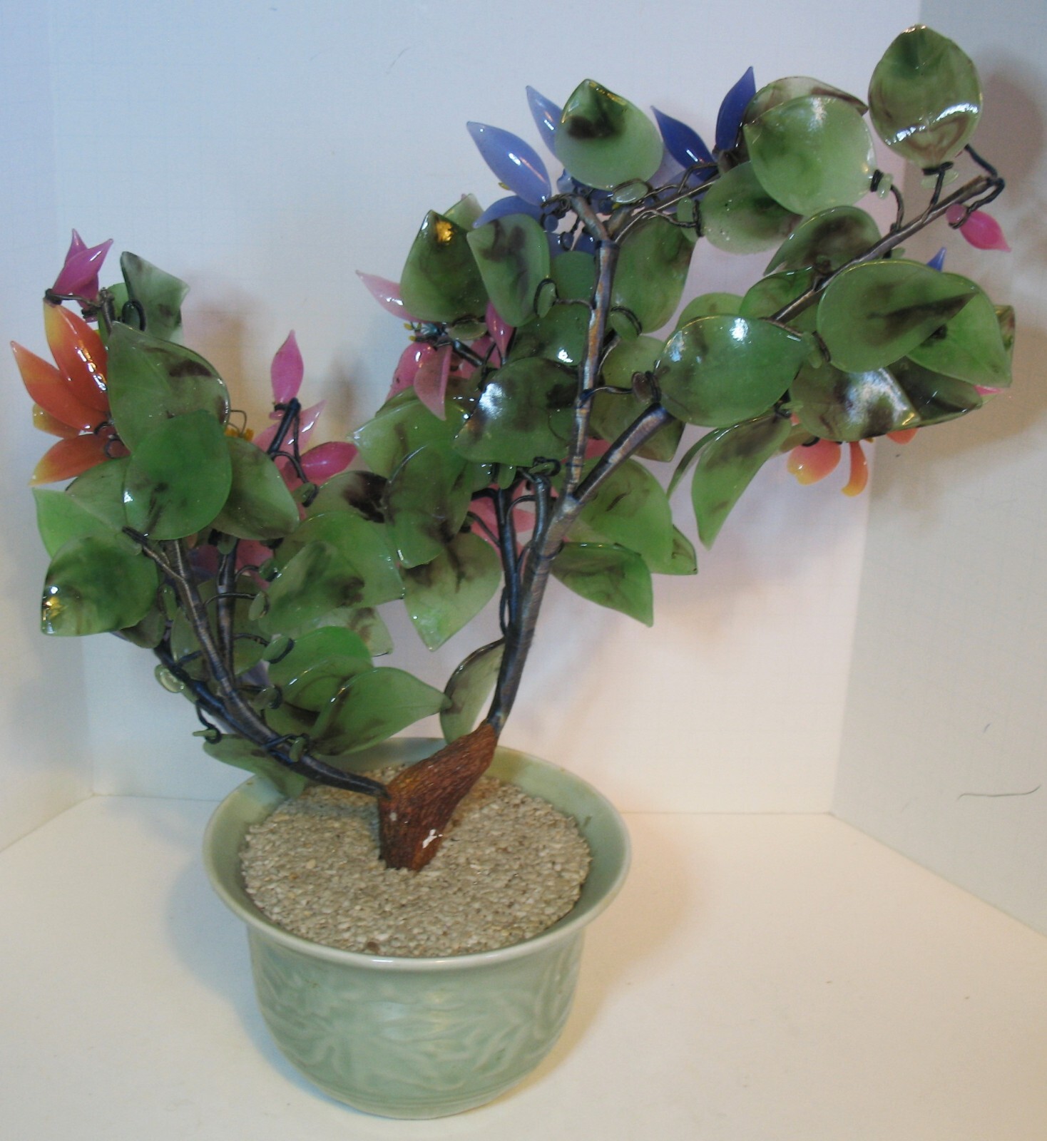 Large Victorian Era Chinese Jade Flowered Bonsai Tree in Round Celadon Planter