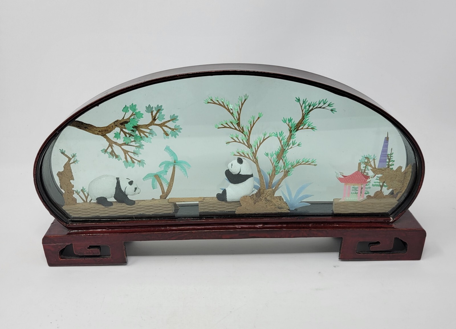Vintage Chinese SAN YOU Diorama Art Pagoda With Trees & Pandas 1980s 14″ By 7″