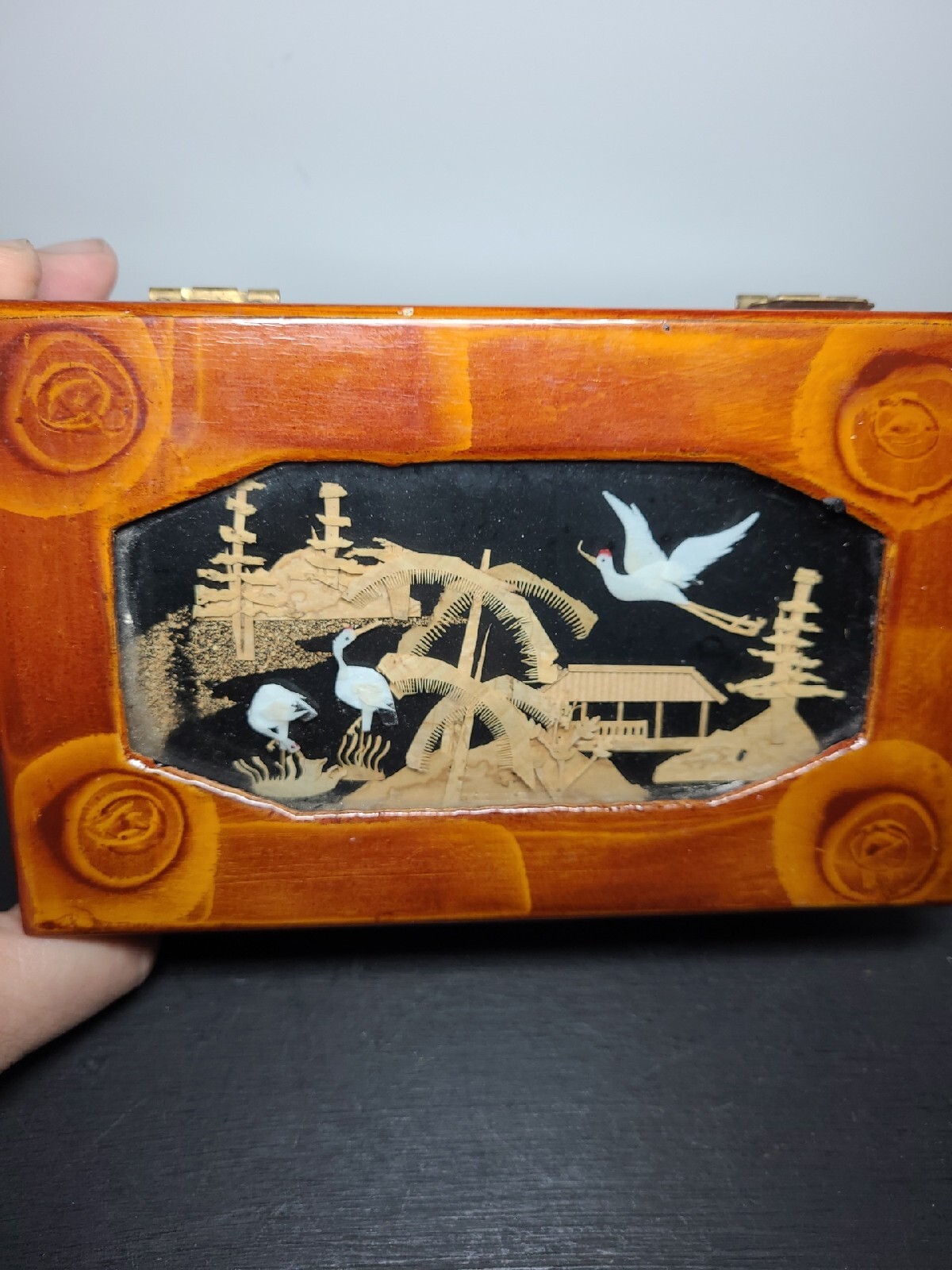 Chinese Trinket box Cork and Crane in lid window