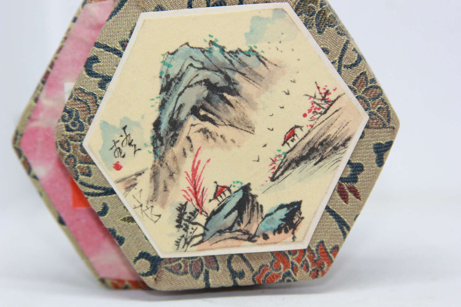 Vtg trinket box Chinese Lidded Decorative Jewelry Box Floral Cloth trinket box