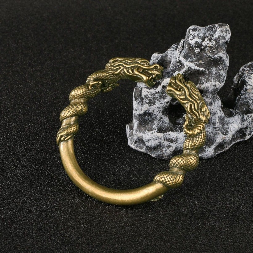 Vintage Double Dragon Head Pure Copper Bracelet Antique Open Bangle Jewelry