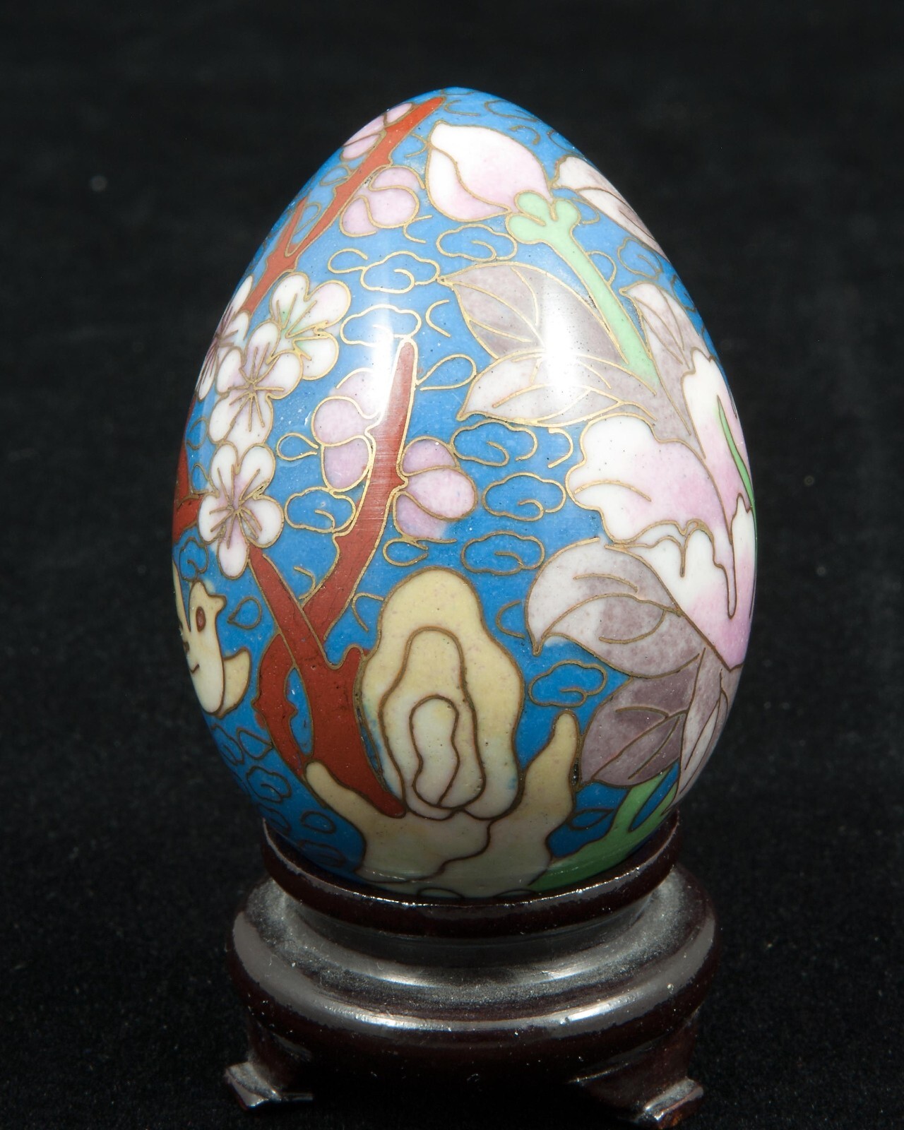 VTG Chinese Floral on Blue Cloisonne Enamel Metal Egg 2-1/2″ Tall w/Stand