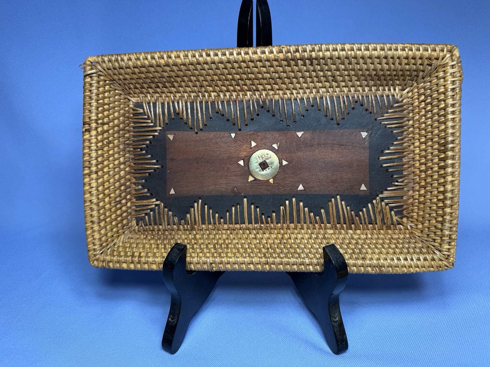 Vintage Chinese Wood Tray With Embedded Coin, Woven Sides Inlaid Wood 10x6x1