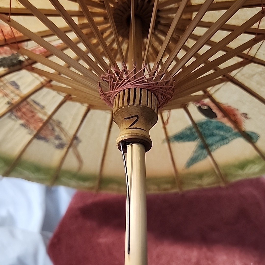 Set of 3 Vintage Oriental Hand Painted Birds & Flowers Bamboo Paper Parasols