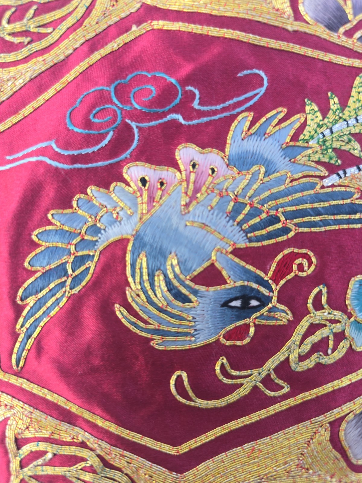 Vintage Chinese Phoenix Fenghuang Hand Embroidered Silk Rayon Panel 1980s