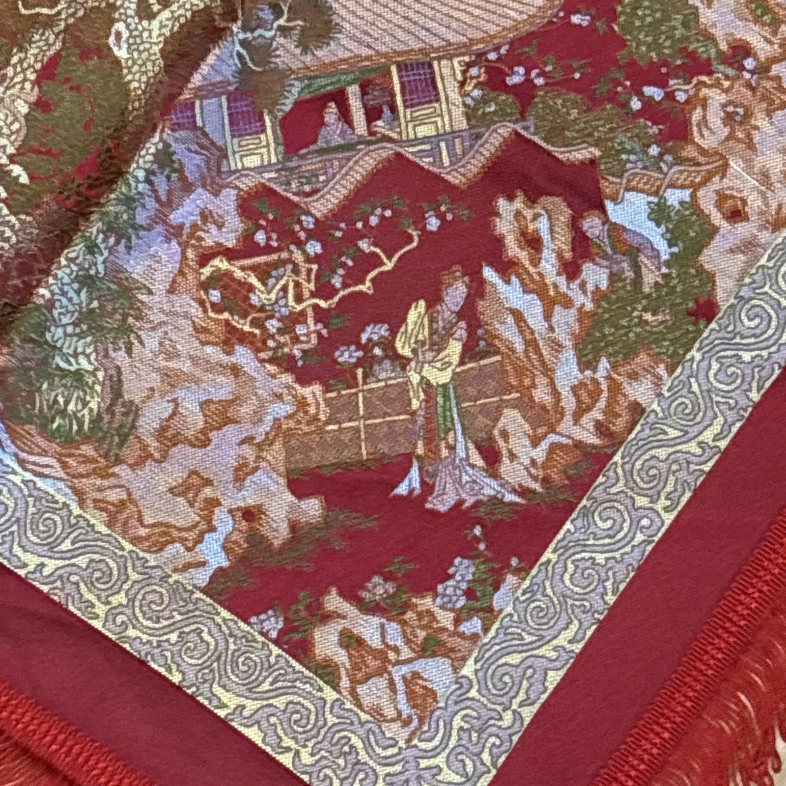 Vintage Chinese Silk Brocade Tablecloth fringe Tapestry Embroidery 38” x 37”