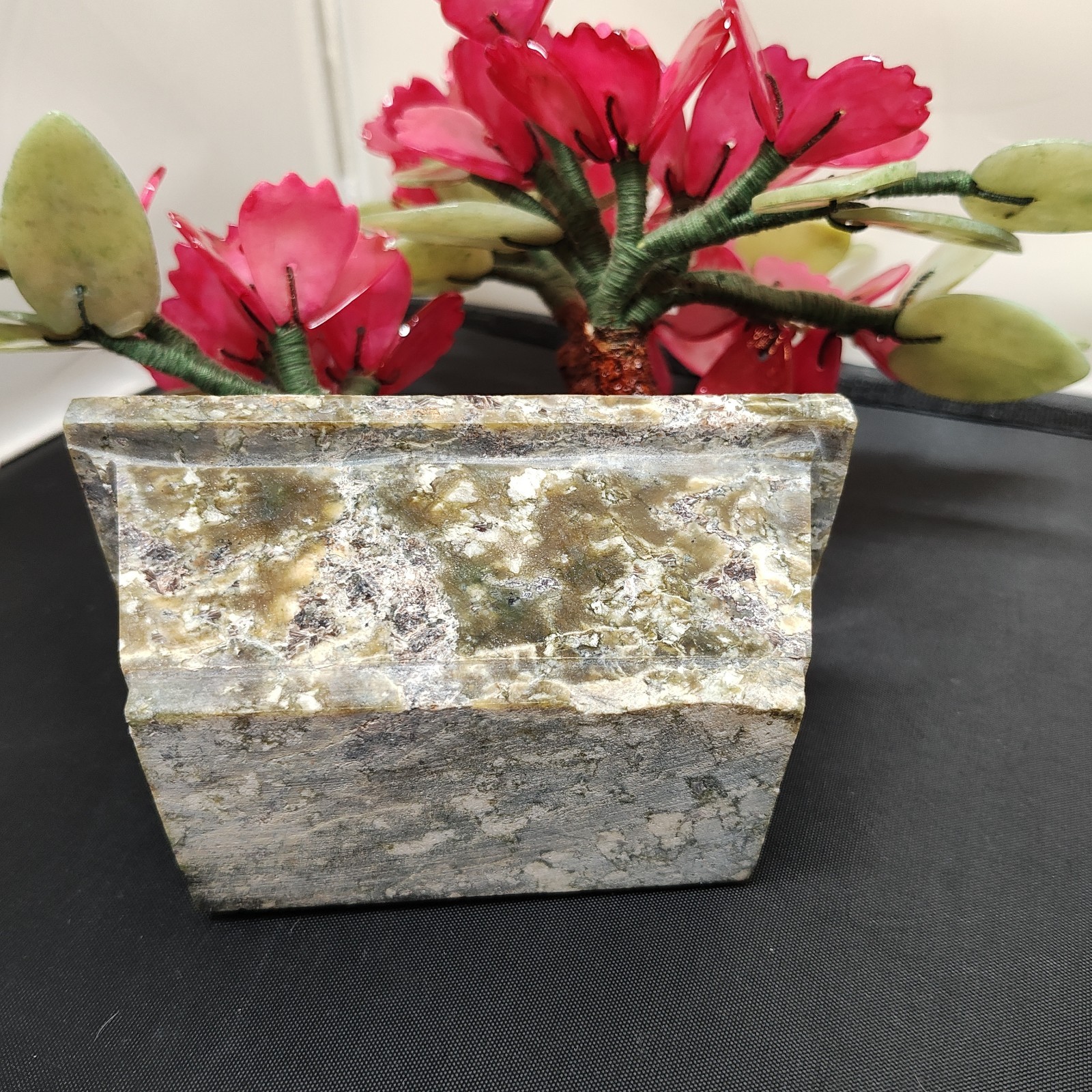 Vtg Bonsai Tree Glass Cherry Blossom Pink Flowers Jade Leaves Marble Pot 11 Inch
