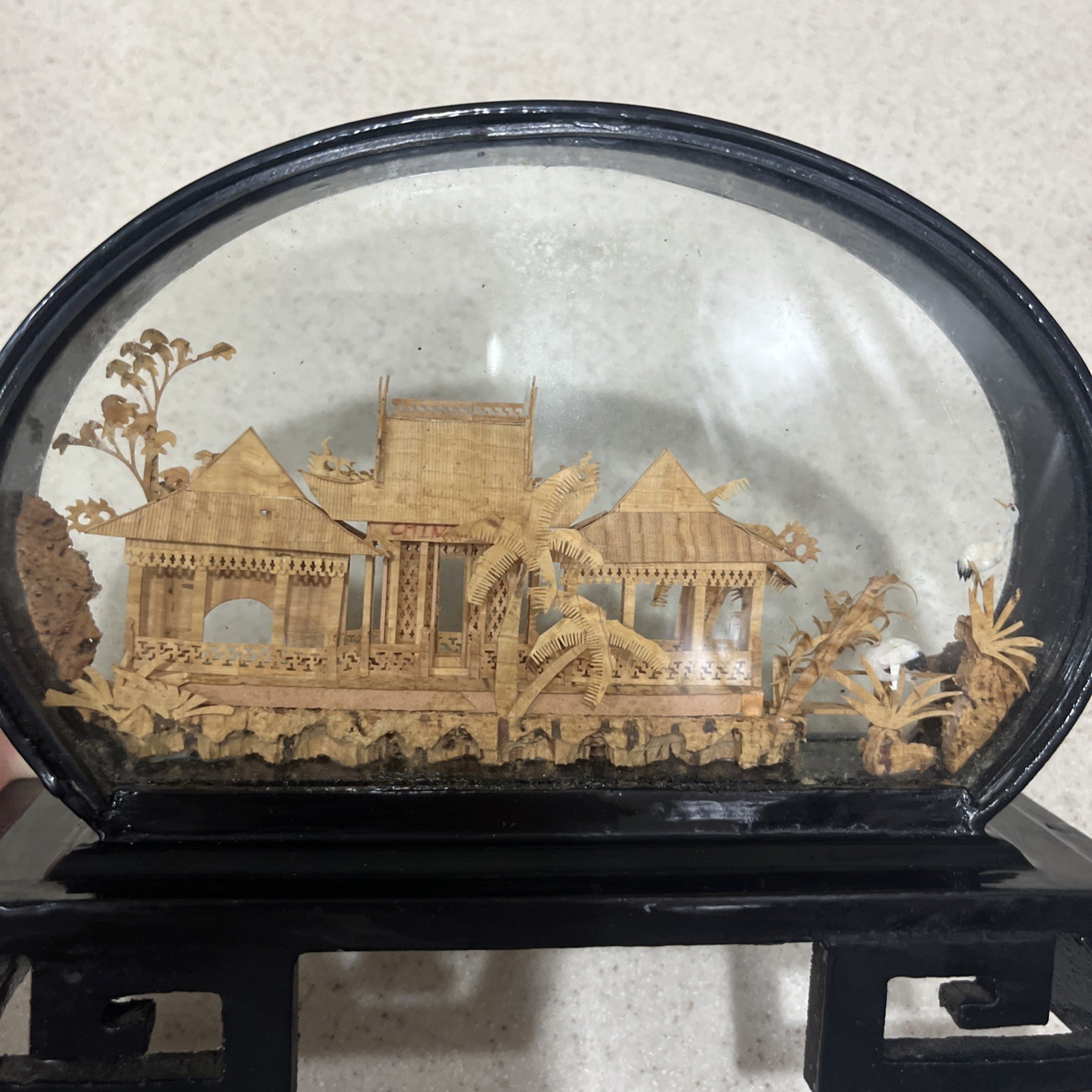 Vintage Hand Carved Cork Art Shadow Box Asian Temple Pagoda Scene Framed Diorama