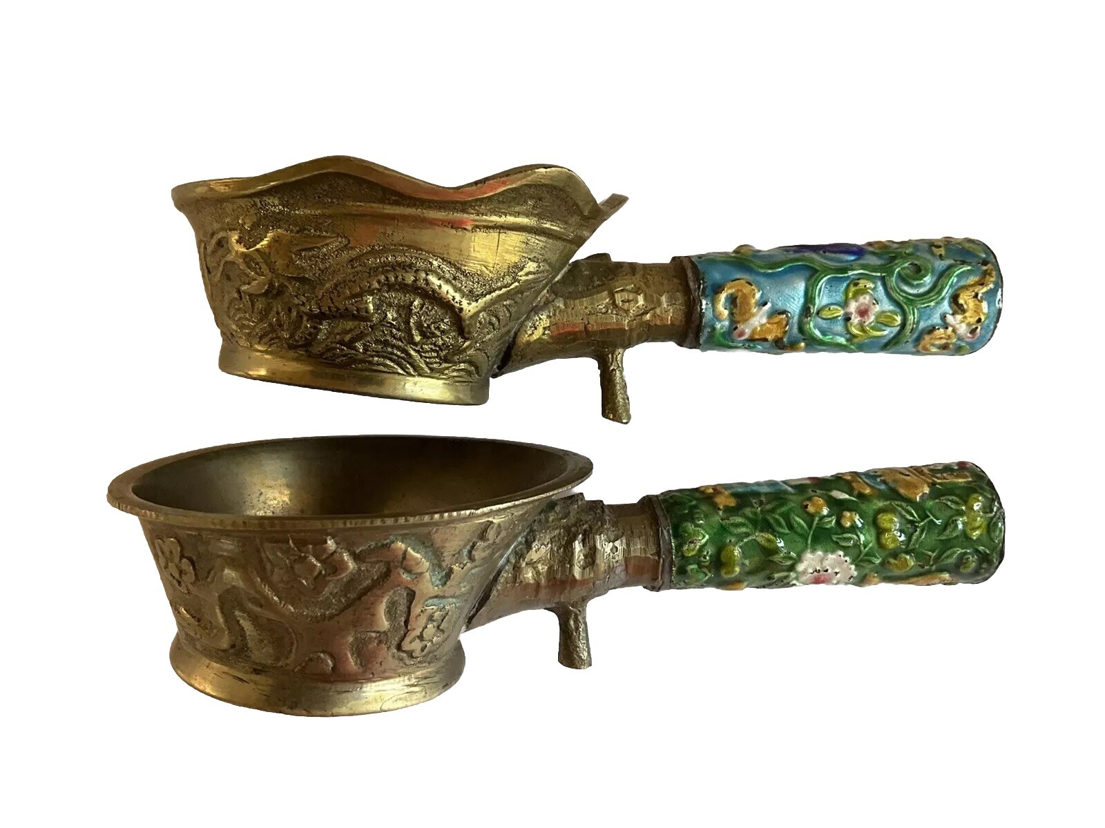 2 Different Vintage Cast Brass & Enamel Chinese Silk Iron Irons