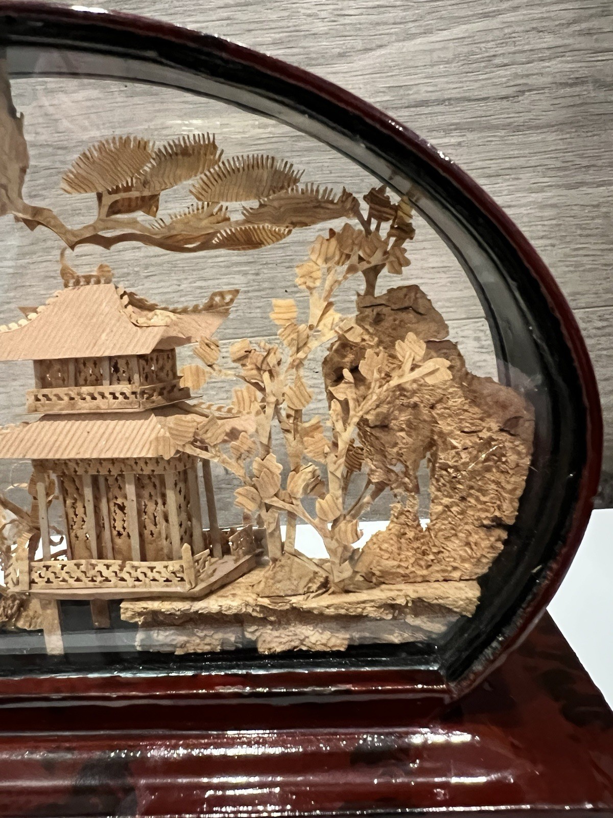 Vintage Chinese Hand Carved Cork Enclosed Diorama Sculpture Village 8” Long