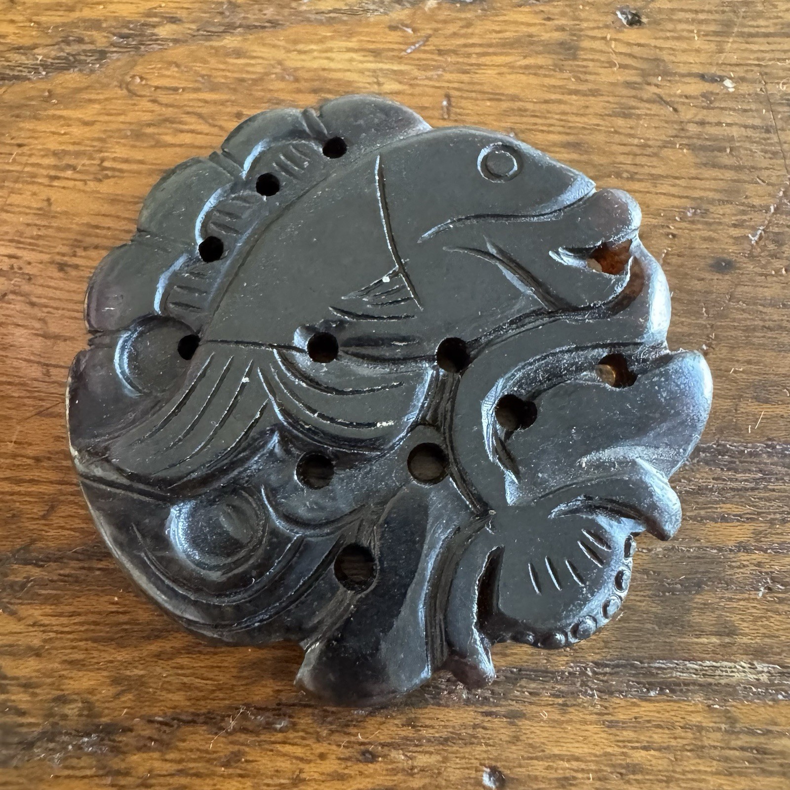 Vintage Chinese Carved Black Onyx Pi Donut Pendant Fish Motif