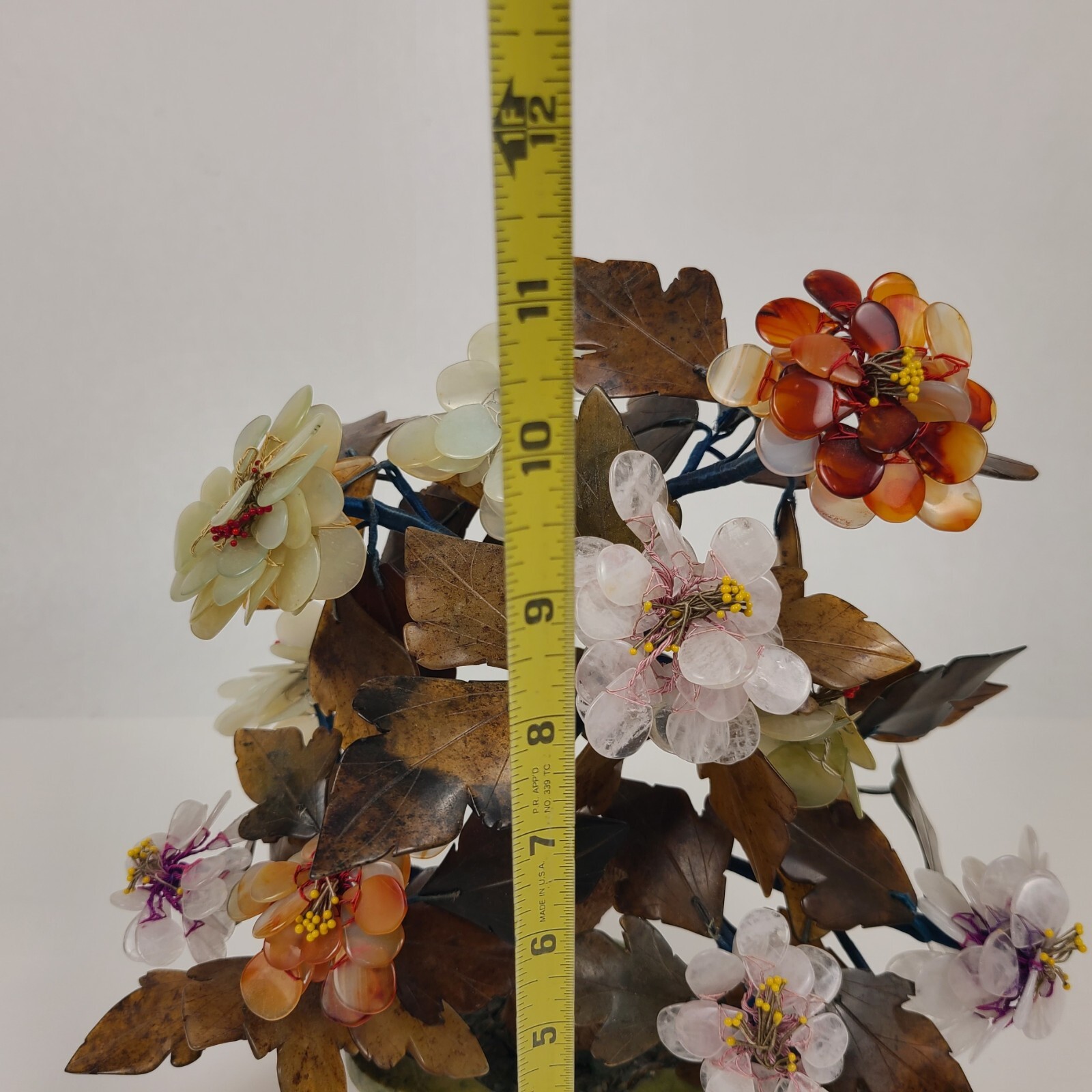 Vtg MCM Carved Agate Jade Quartz Bonsai Tree Flower Blossom Plant 11″ Tall Asian