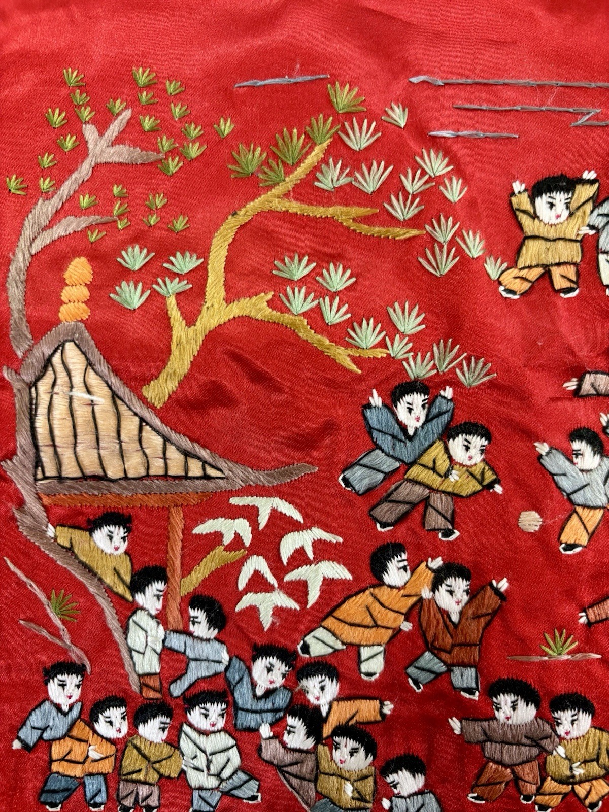 VTG Chinese Embroidered Red Silk Tapestry Children Dragon Boat Fishing Hanging