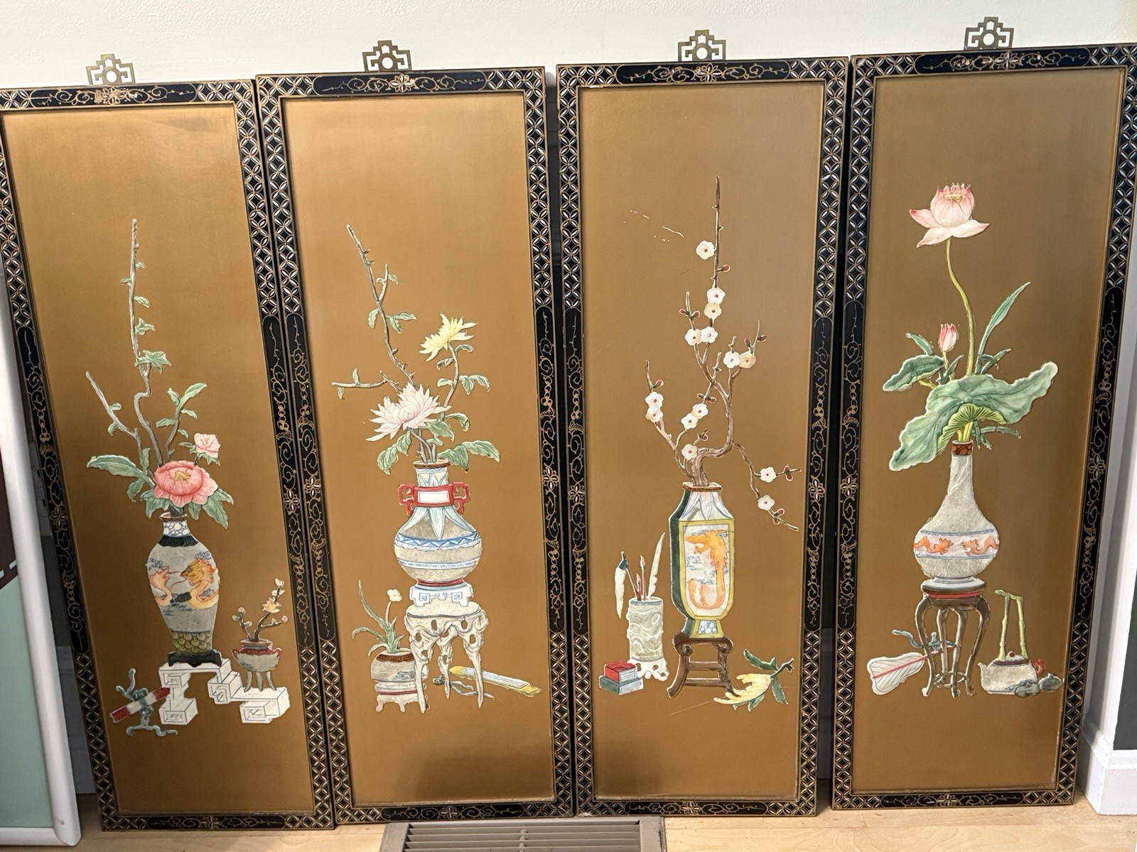 VTG 1950’s Oriental Asian Gold Four Panel Screens Picture Trees Flowers Birds