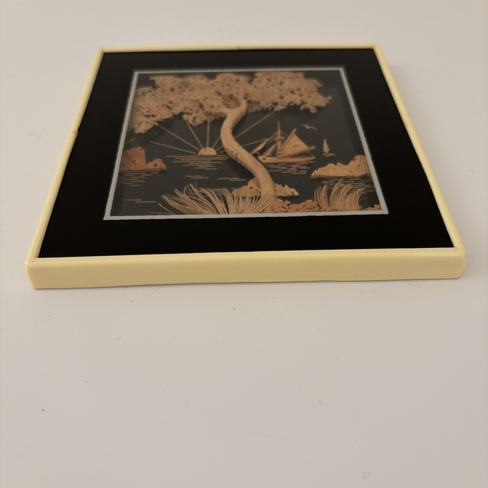 MCM Vintage Asian Diorama Cork Art Tree Boat Sunset 3D Framed 5 x 5″