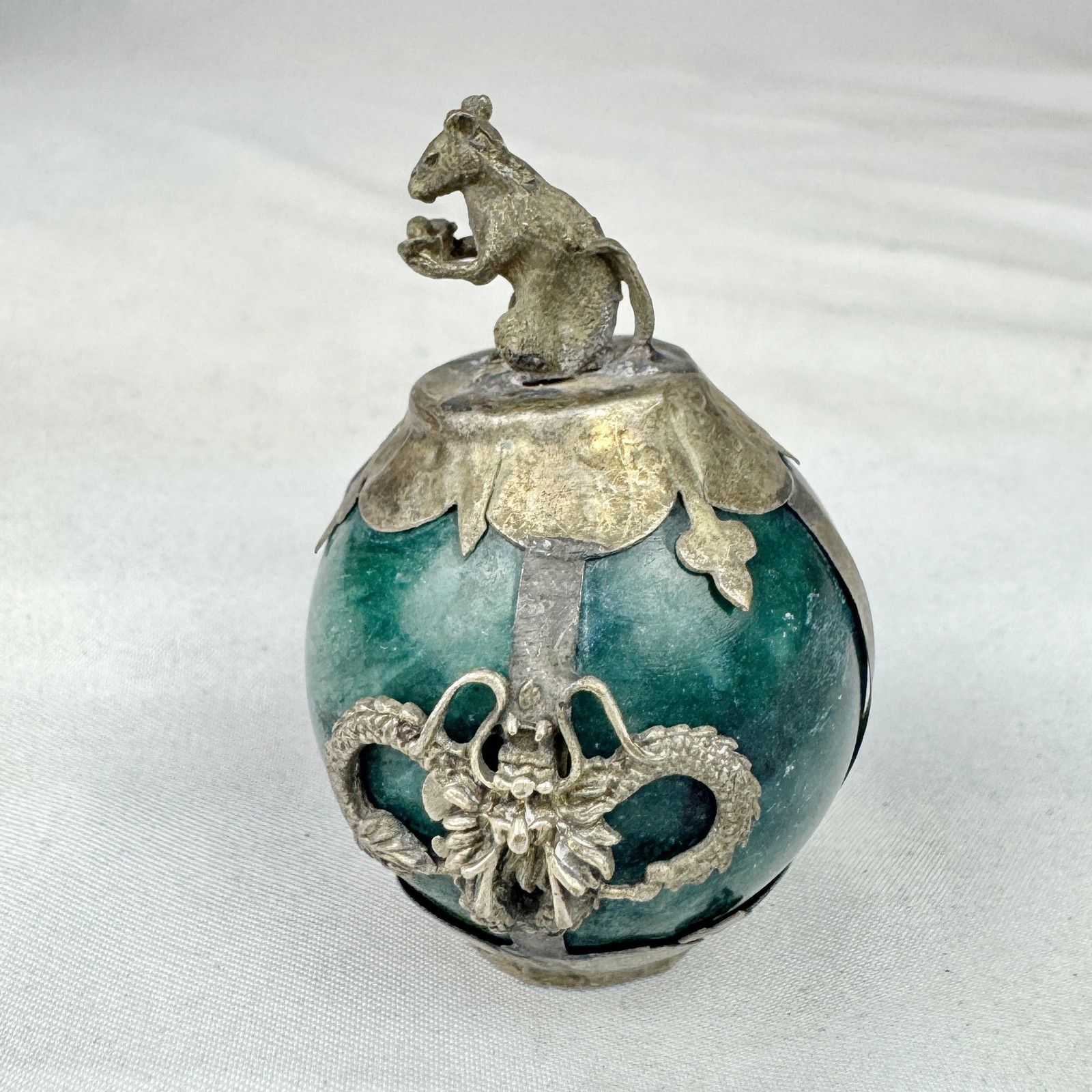 Vintage Chinese Zodiac RAT Green Marble Orb, Pewter/Tin Finial and Dragon Motif