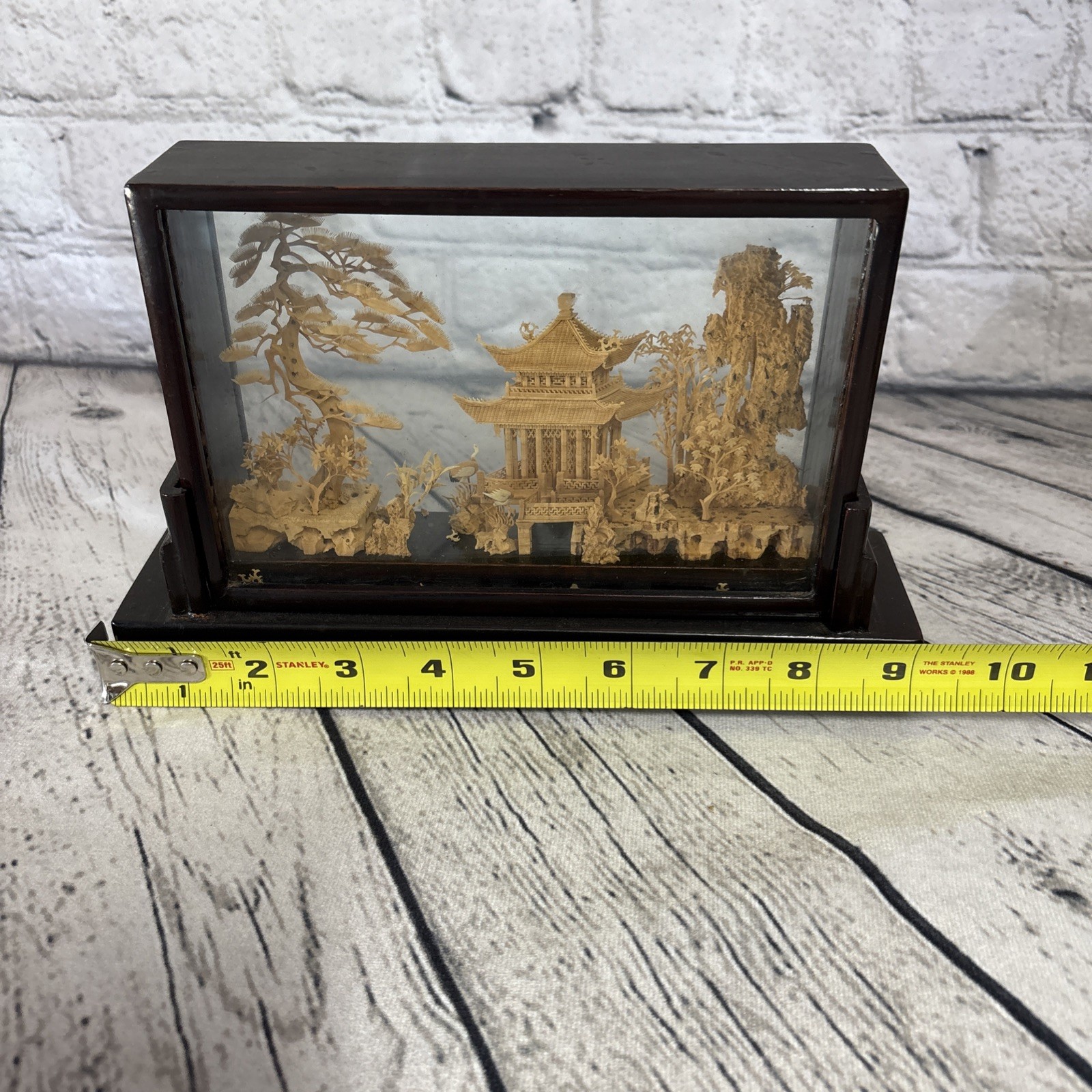 Vintage Hand-Carved Chinese Cork & Wood Sculpture Encased In Shadow Box W/Stand